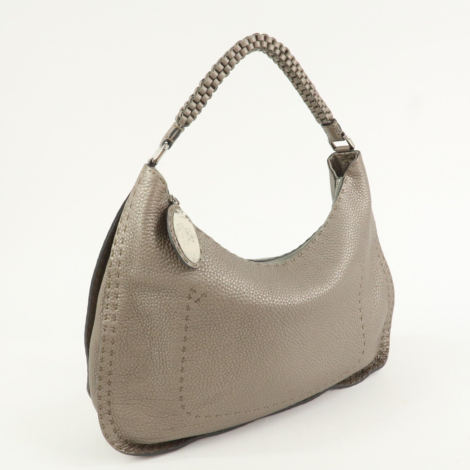 FENDI Selleria Leather Shoulder Bag Hand Bag Silver 8BR582