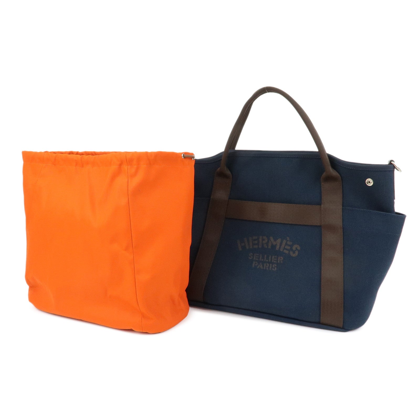 HERMES Sac de Pansage Groom Canvas 2Way Tote Hand Bag Navy Brown