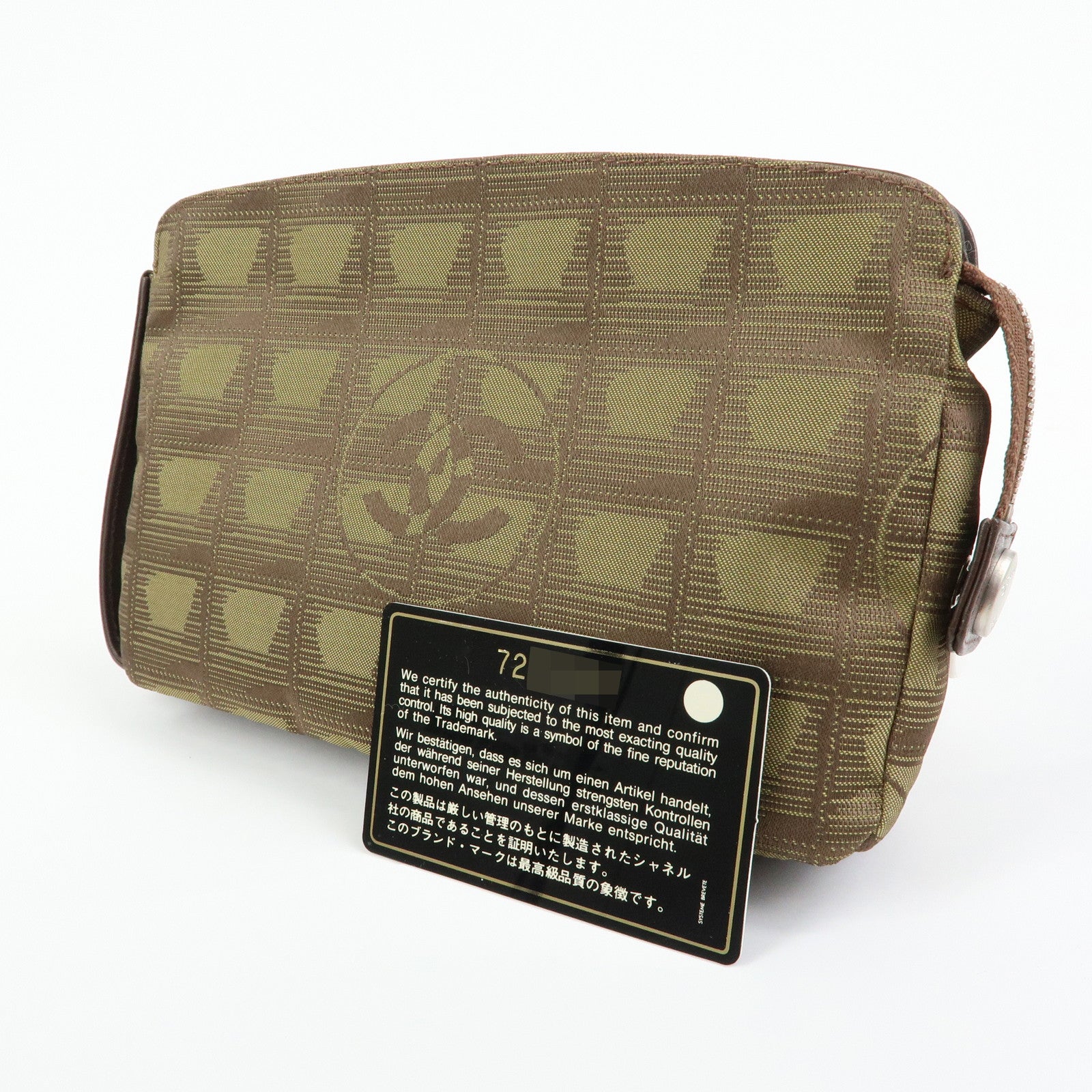 CHANEL New Travel Line Nylon Jacquard Leather Cosmetic Pouch Khaki