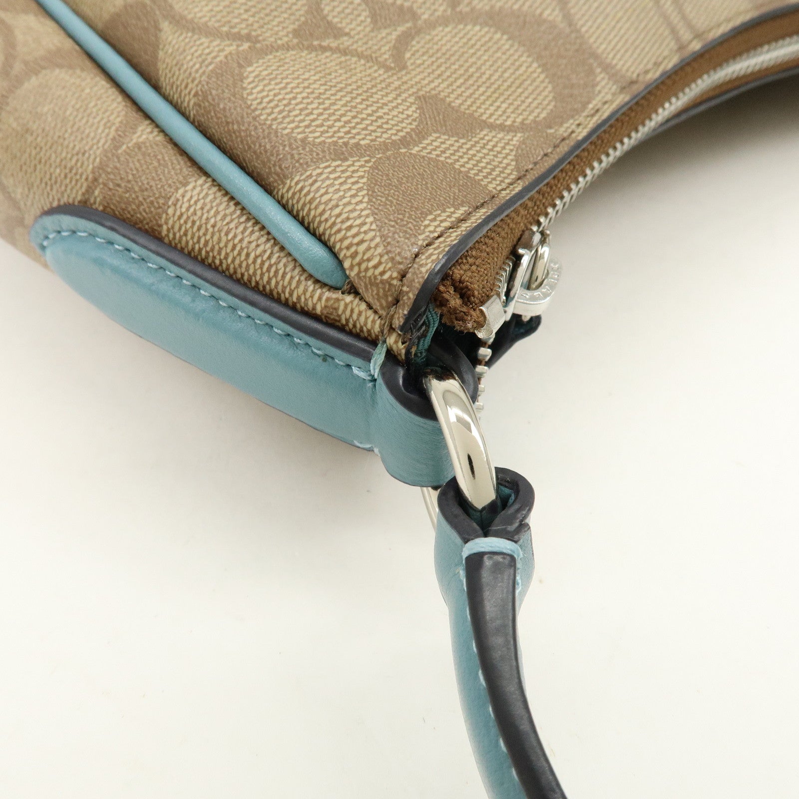 COACH Signature PVC Coated Canvas Leather Shoulder Bag Beige Blue