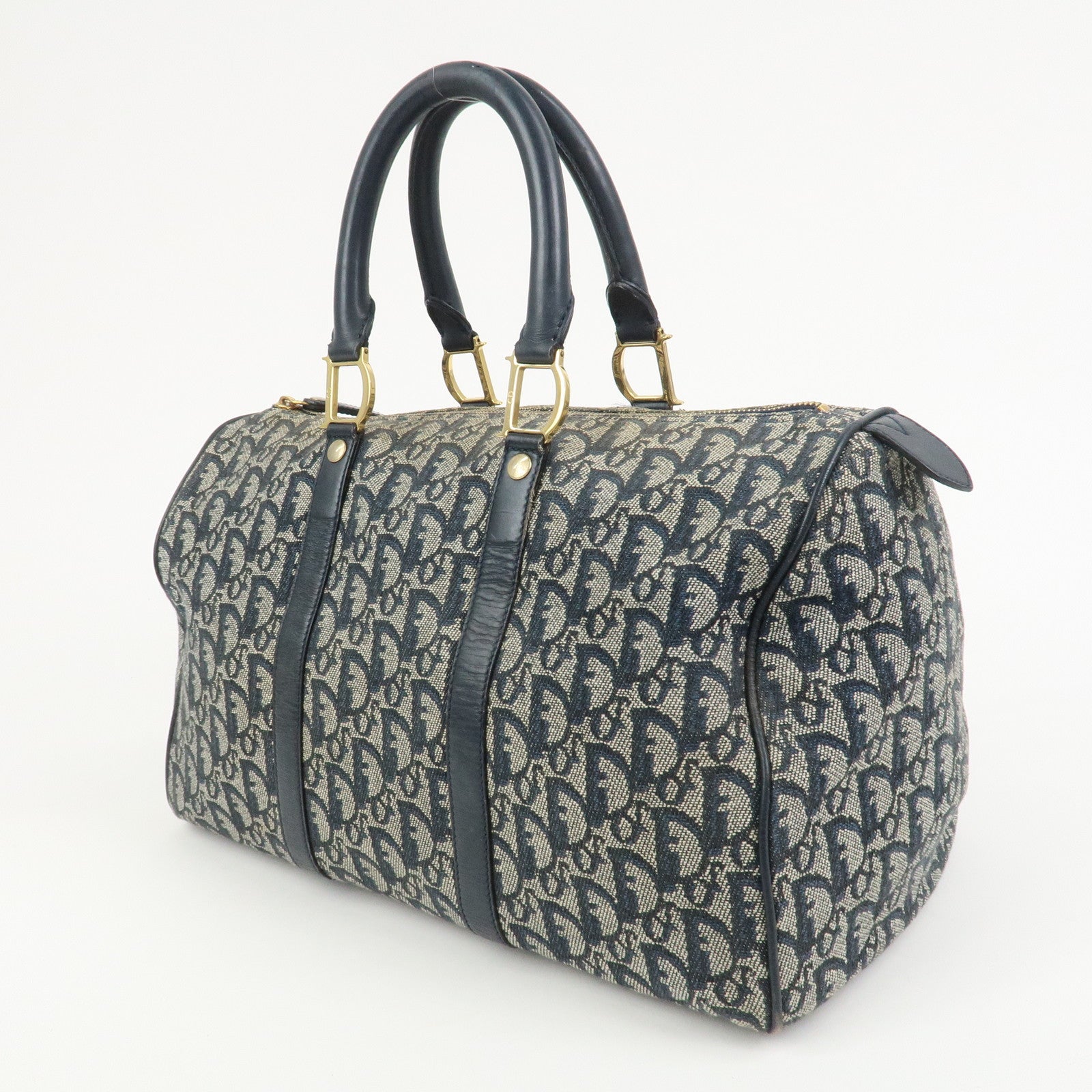 Christian Dior Trotter Jacquard Canvas Leather Boston Hand Bag Navy