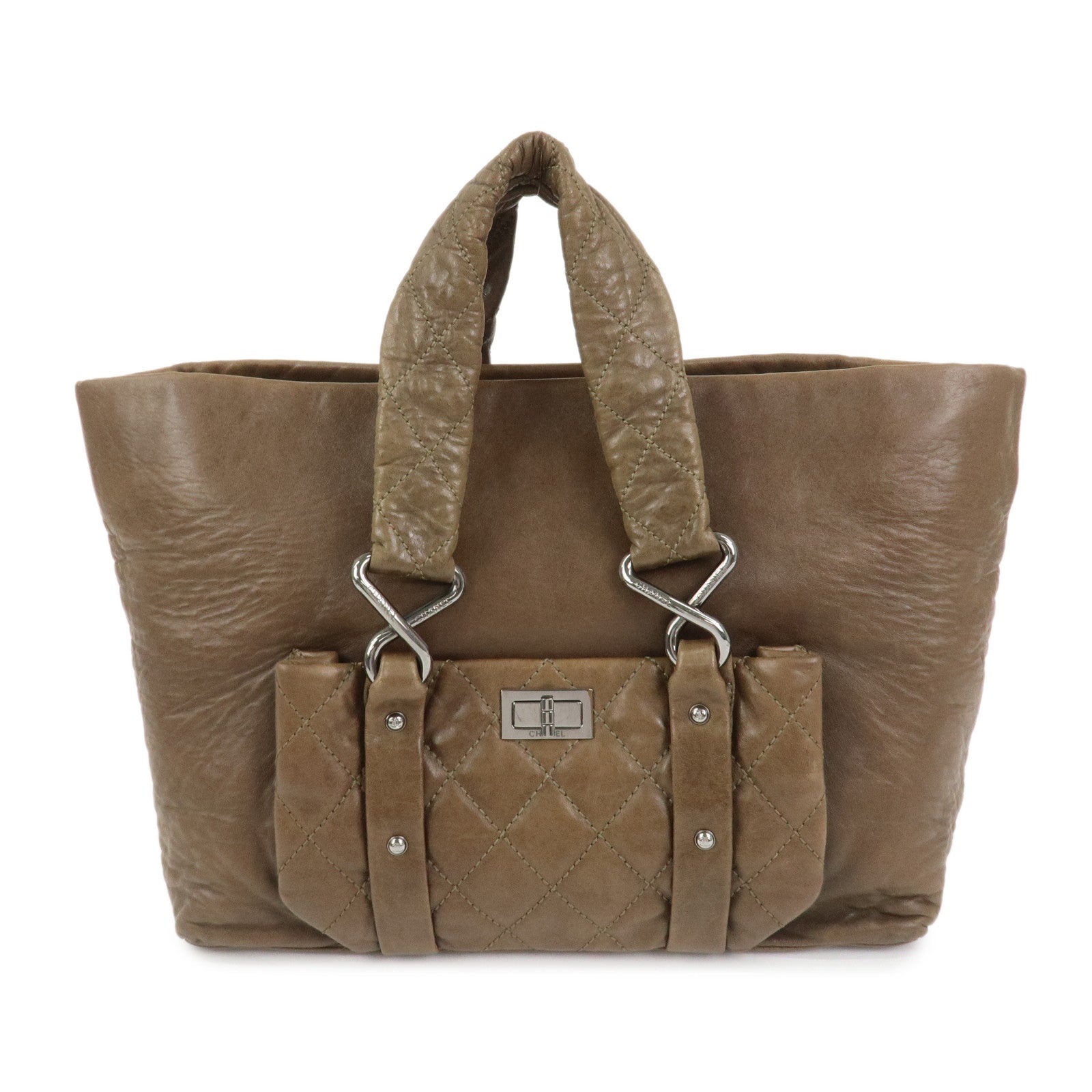 CHANEL Matelasse Lamb Skin Tote Bag Hand Bag Khaki