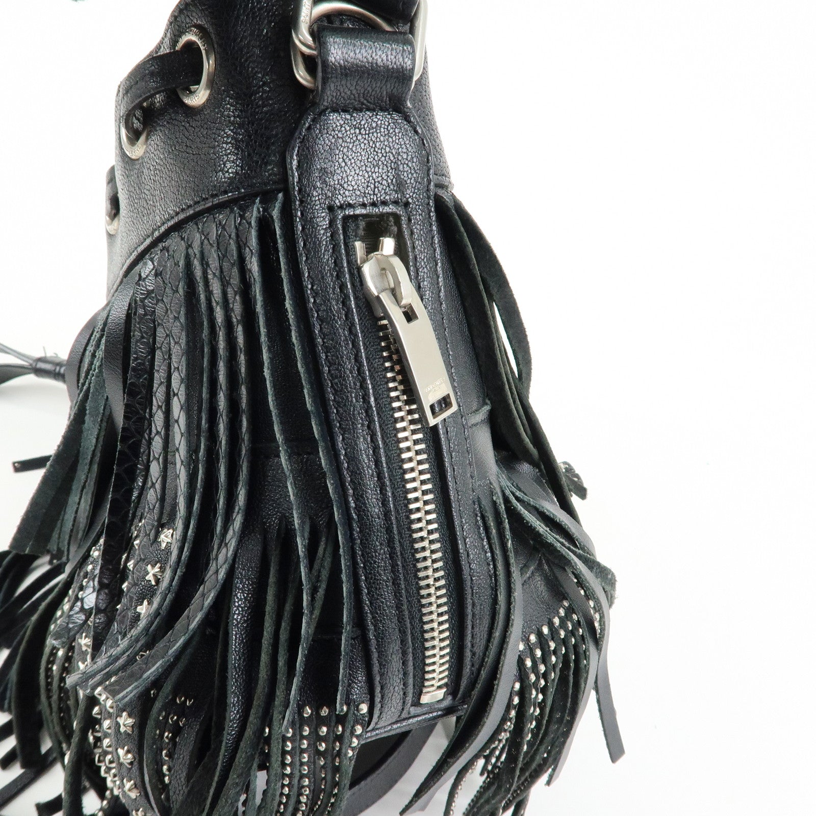 SAINT LAURENT PARIS Leather Fringe Shoulder Bag Black 357603