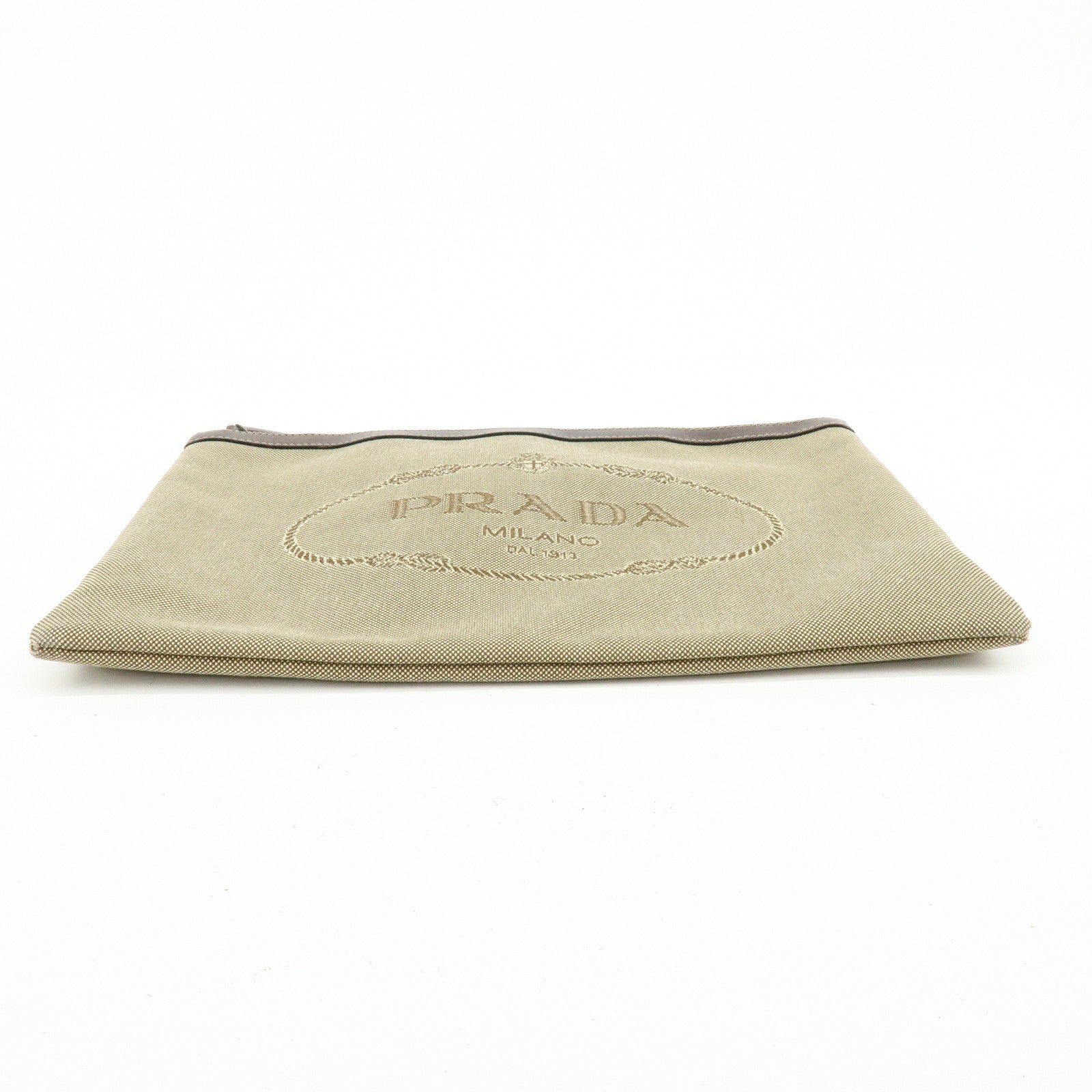 PRADA Logo Jacquard Canvas Leather Clutch Bag Pouch Khaki