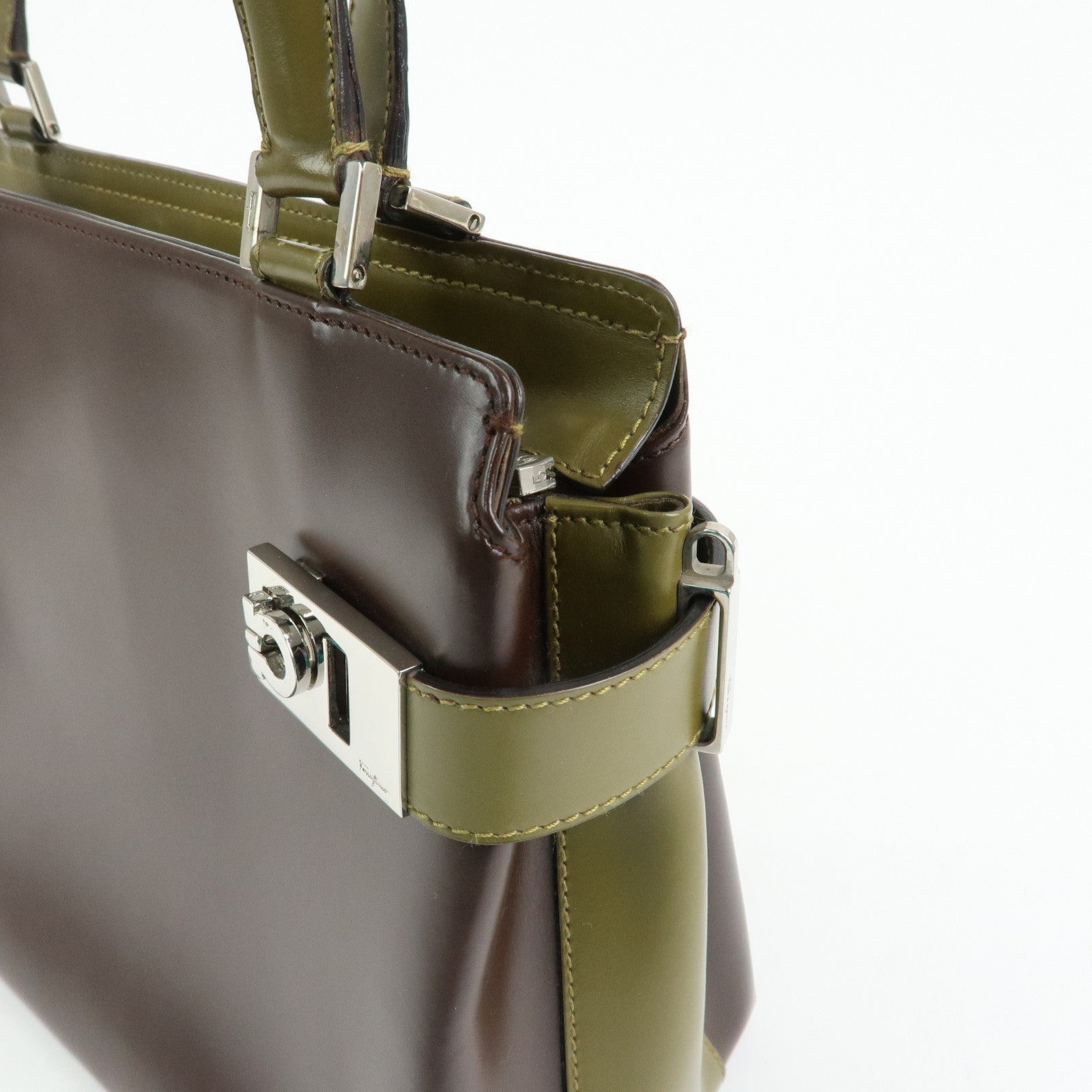 Ferragamo Gancini Leather 2Way Hand Bag Shoulder Bag Brown Khaki