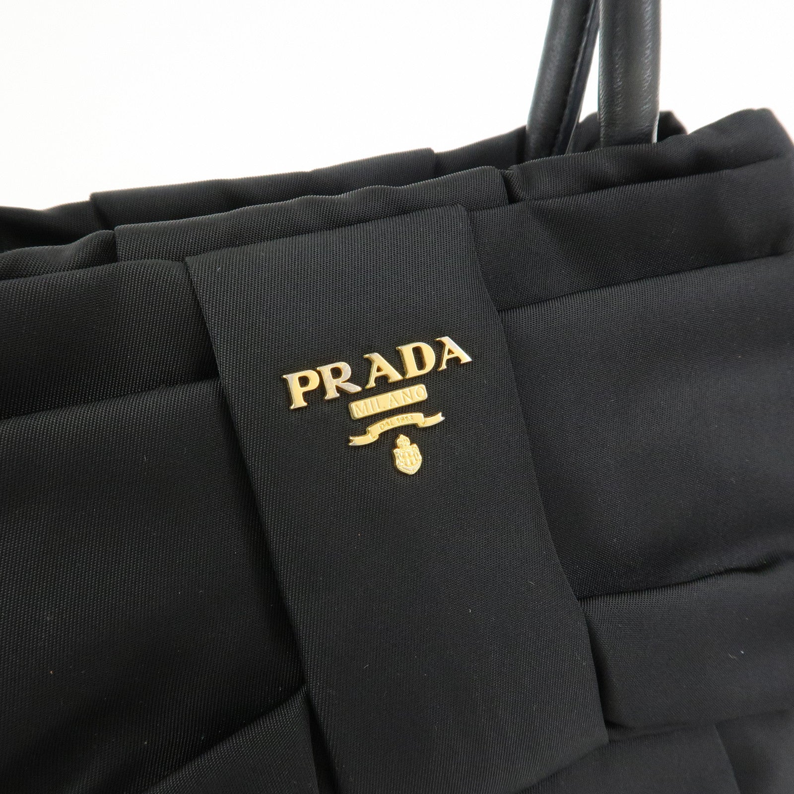 PRADA Nylon Leather Ribbon Hand Bag Tote Bag Black BN1601