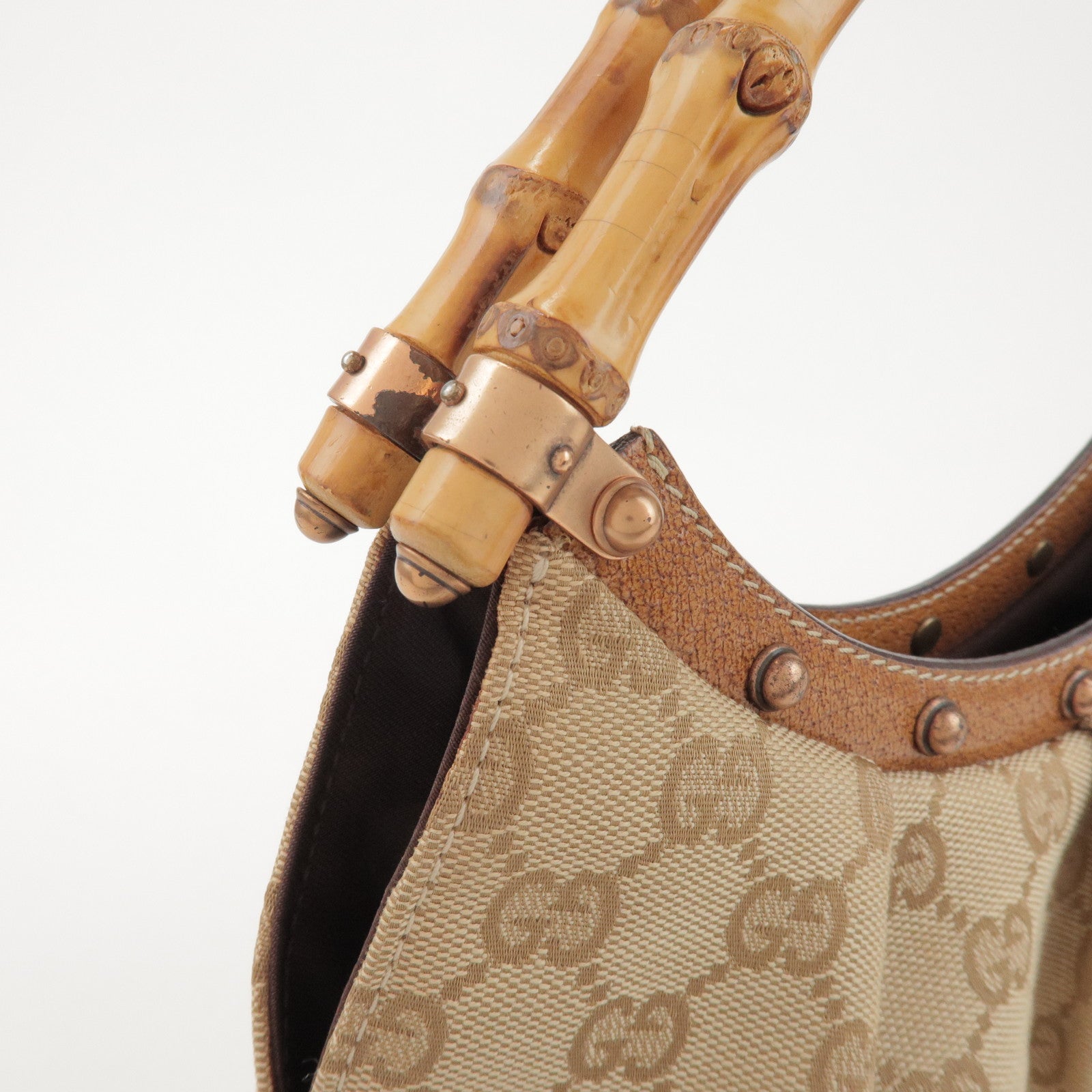 GUCCI Bamboo GG Canvas Leather Hand Bag Beige 124297