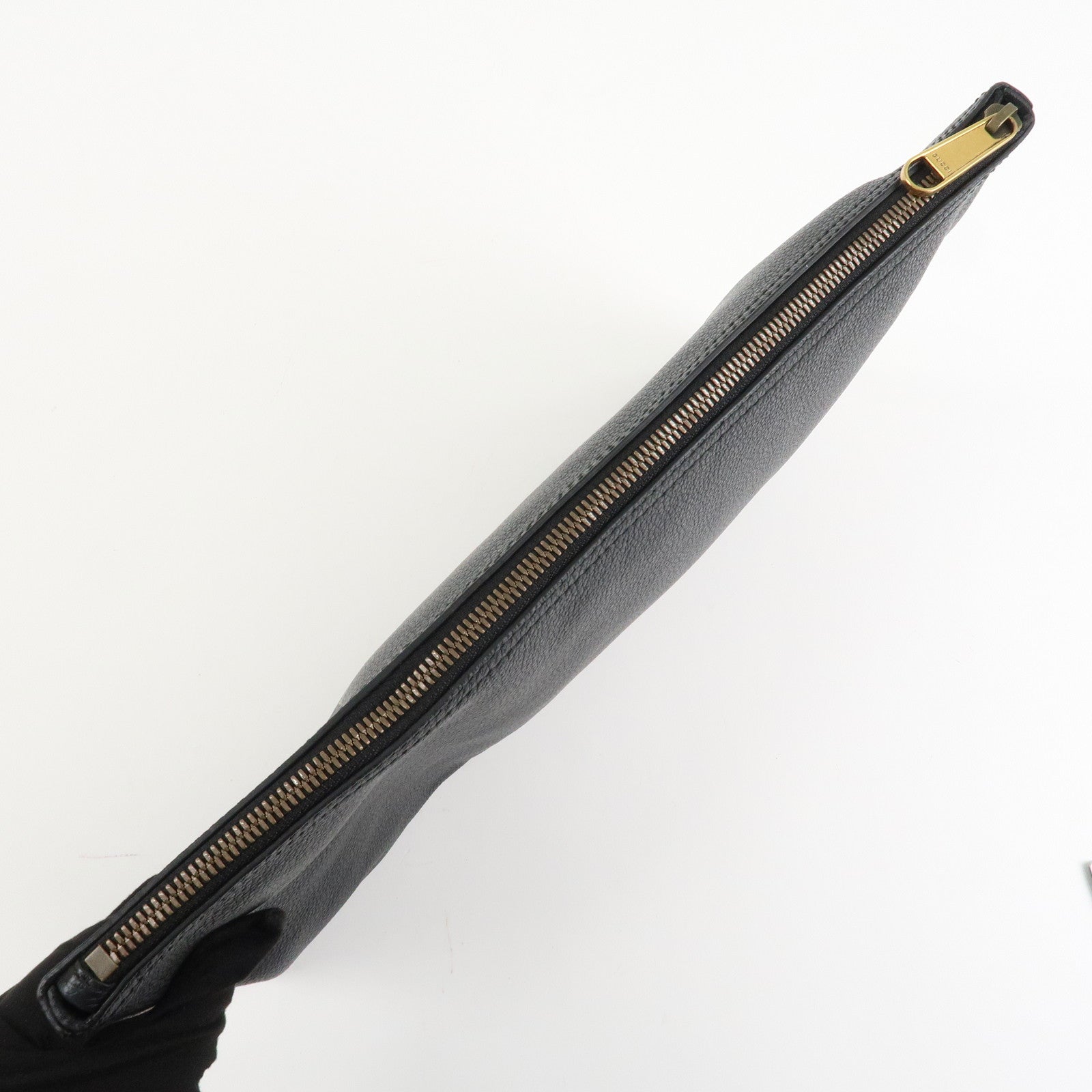 GUCCI Logo Print Leather Portfolio Clutch Bag Black 500984 Used