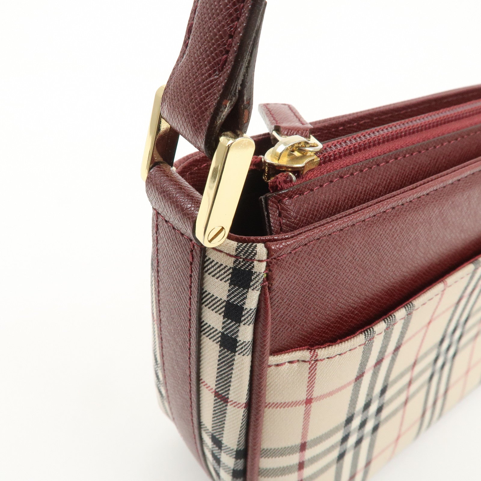 BURBERRY Leather Canvas Shoulder Bag Hand Bag Nova Plaid Bordeaux Used