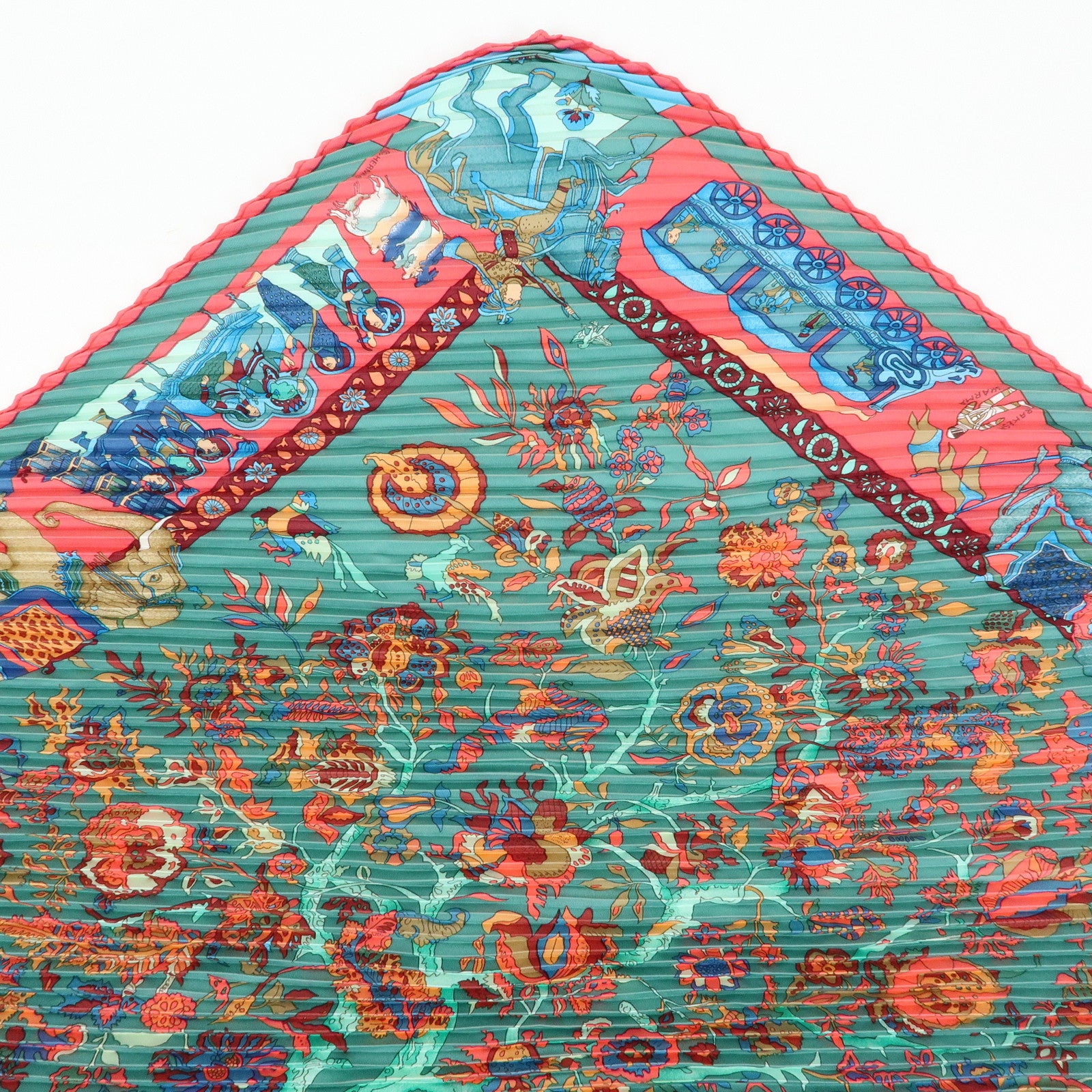 HERMES Pleated Carre 90 Set of 2 Silk 100% Scarf Green Pink