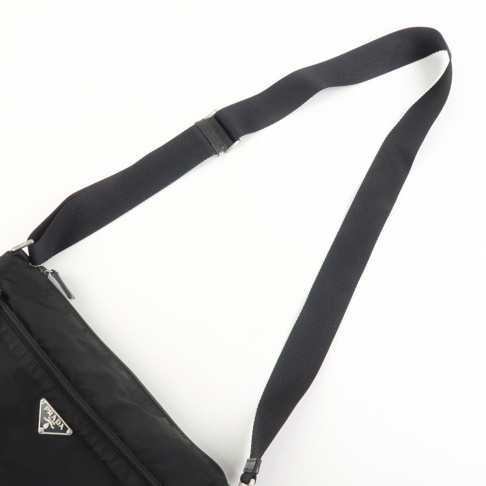 PRADA Triangle Logo Nylon Saffiano Leather Shoulder Bag Black V161