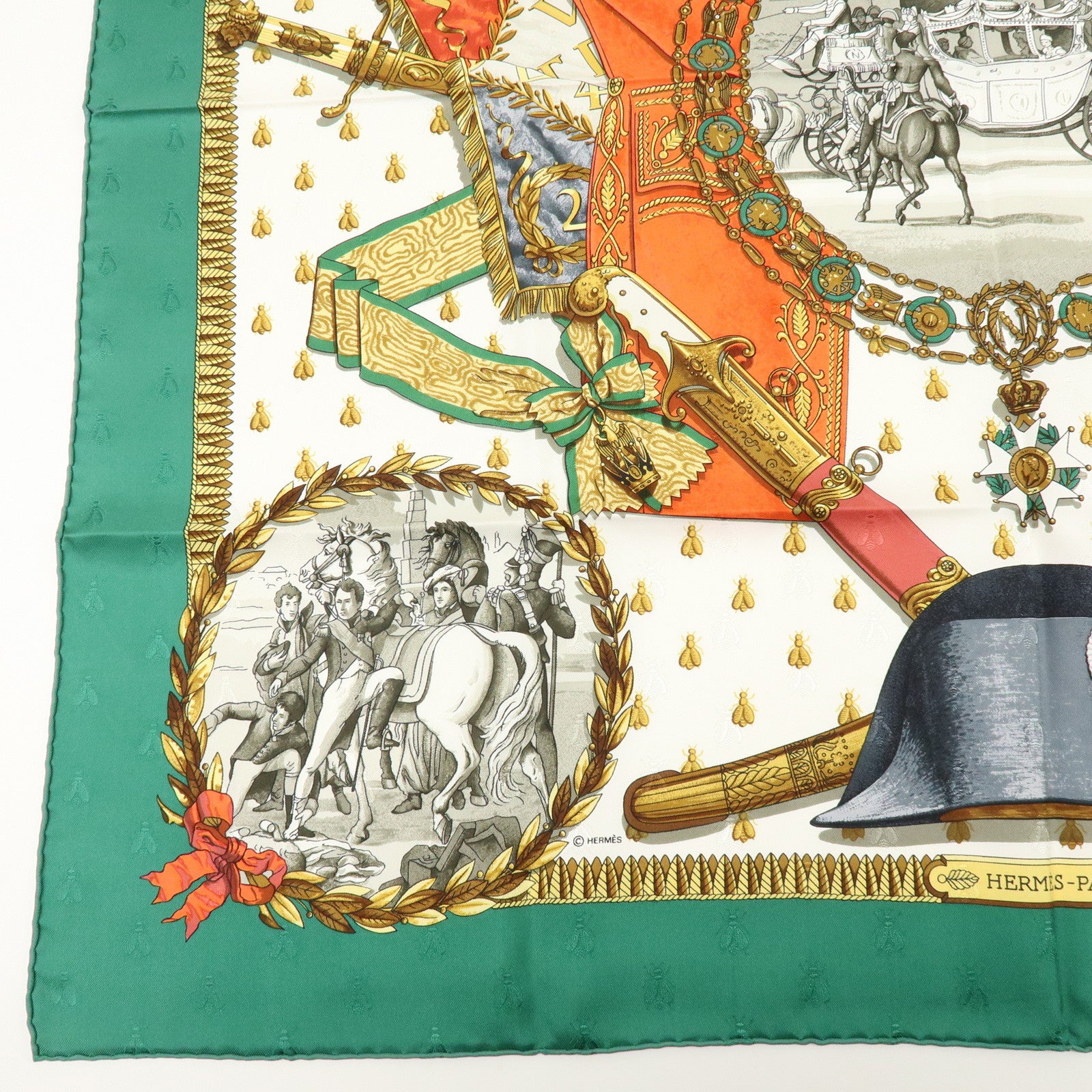 HERMES Carre 90 Silk 100% Scarf NAPOLEON Green White