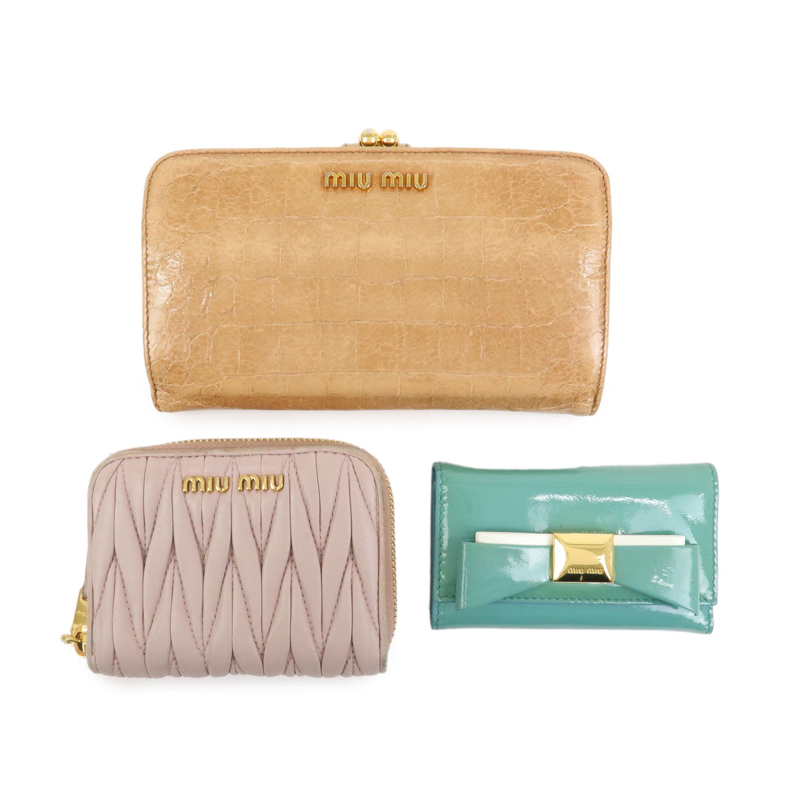 MIU MIU Matelasse Set of 3 Wallet Key Case Pink Beige Green