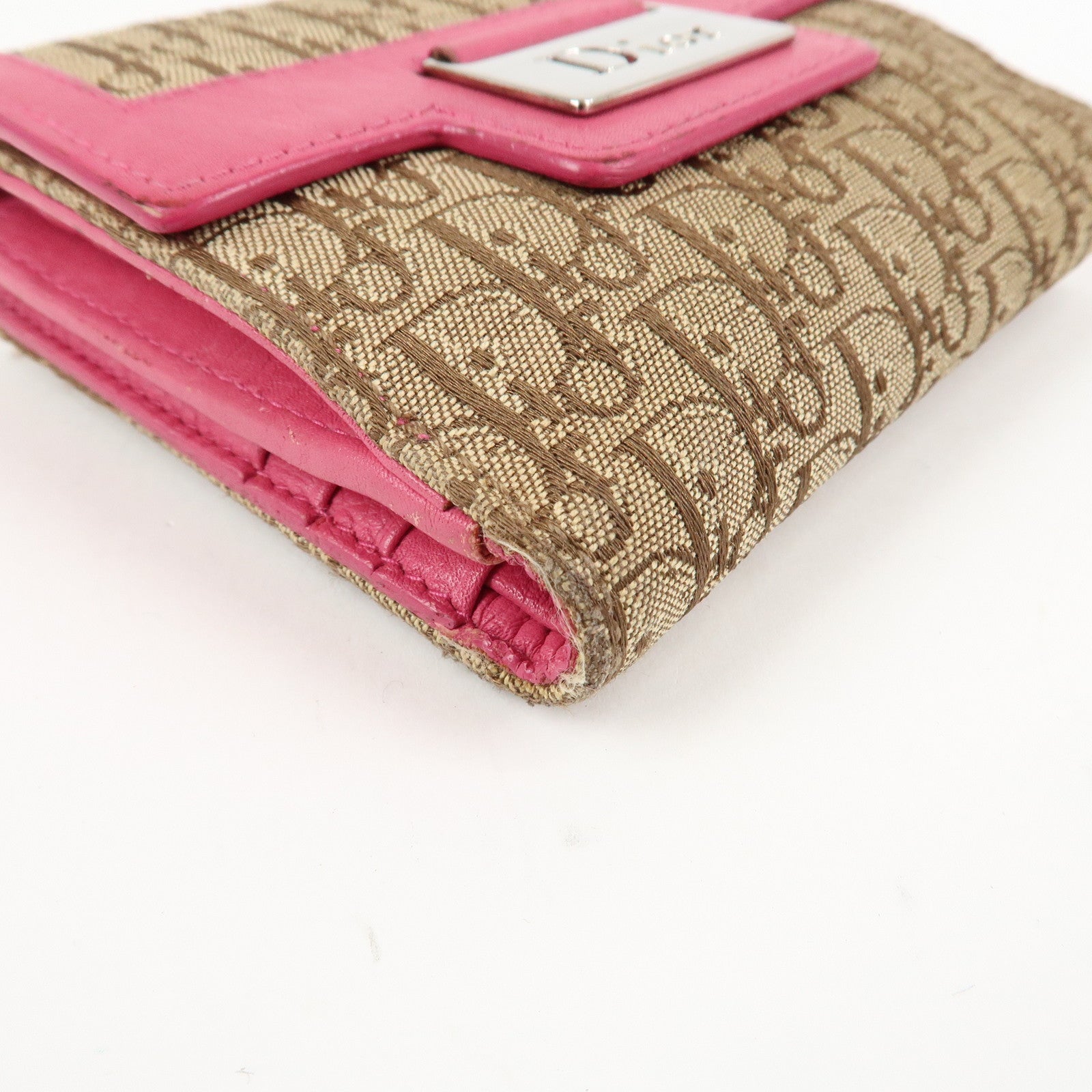 Christian Dior Street Chic Trotter Canvas Leather W Hook Wallet Pink Used