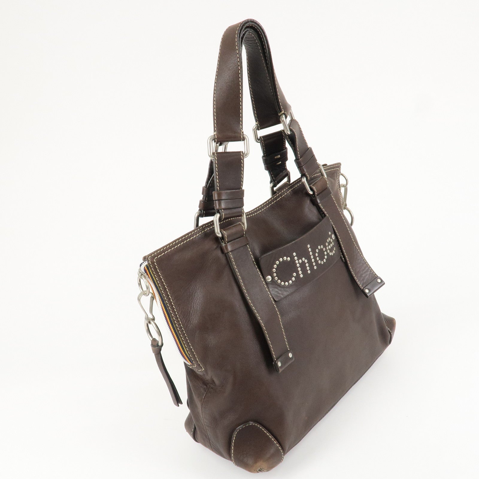 Chloe Patsy Studs Logo Leather Tote Bag Shoulder Bag Brown Used