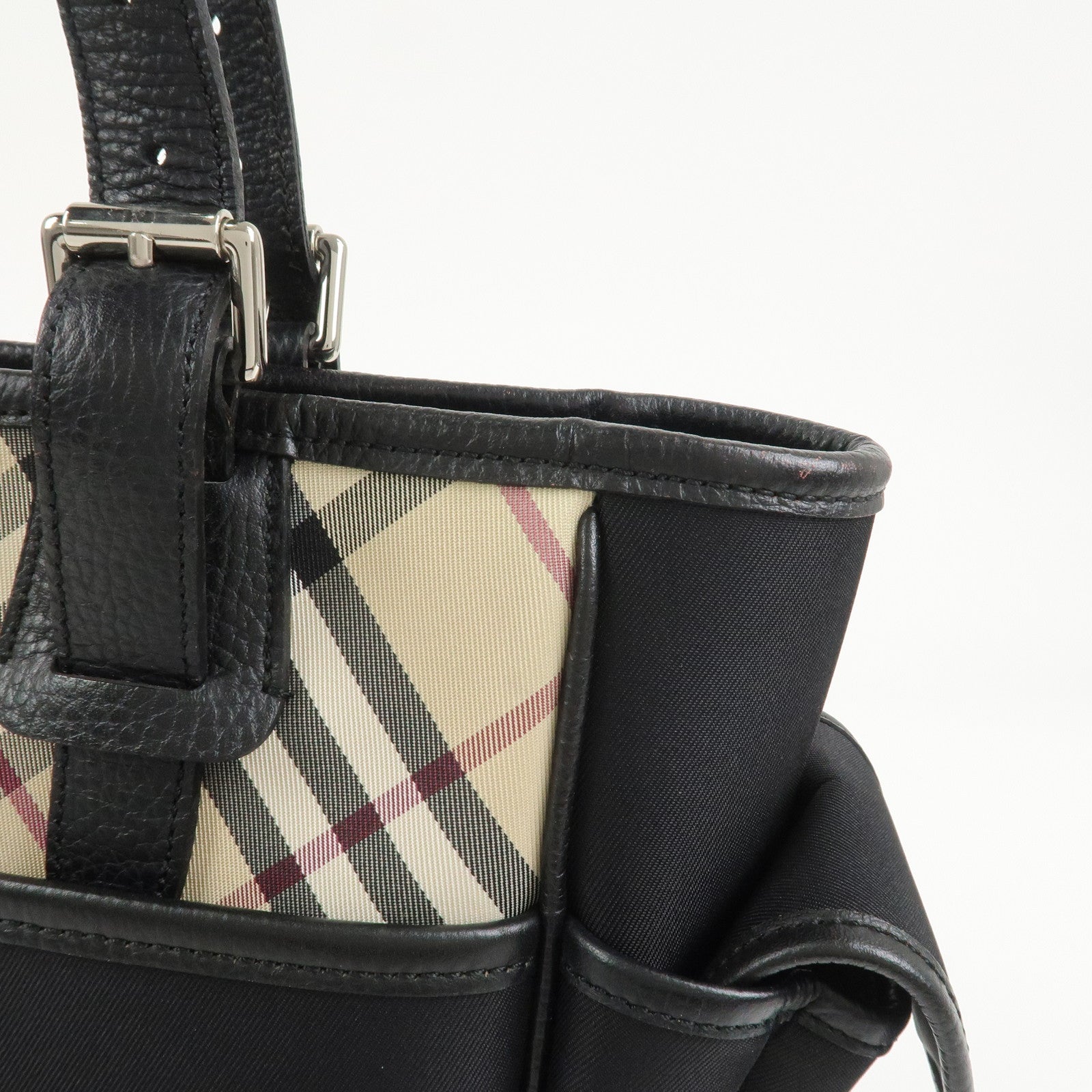 BURBERRY Nova Plaid Nylon Leather Tote Bag Hand bag Black