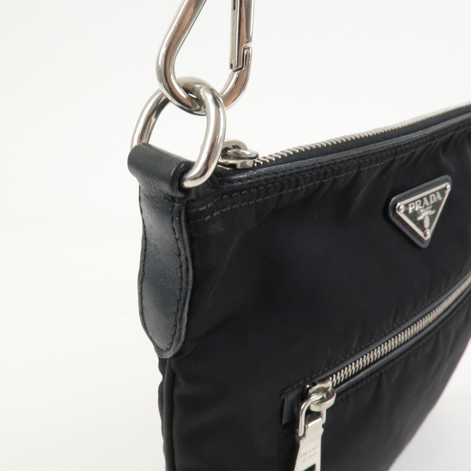 PRADA Triangle Logo Nylon Leather Shoulder Bag Black BT0716