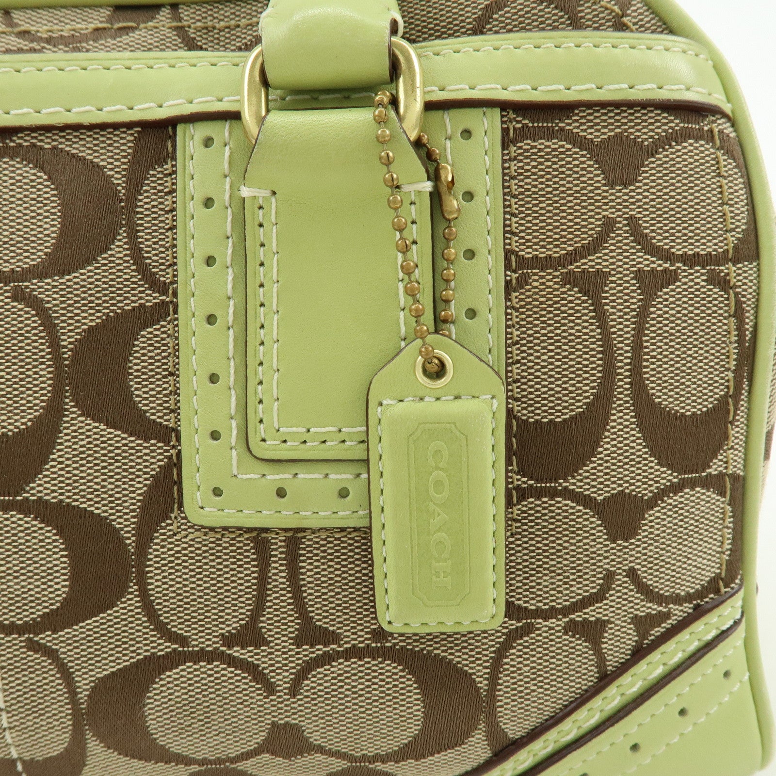 COACH Signature Canvas Leather Boston Hand Bag Light Brown Green