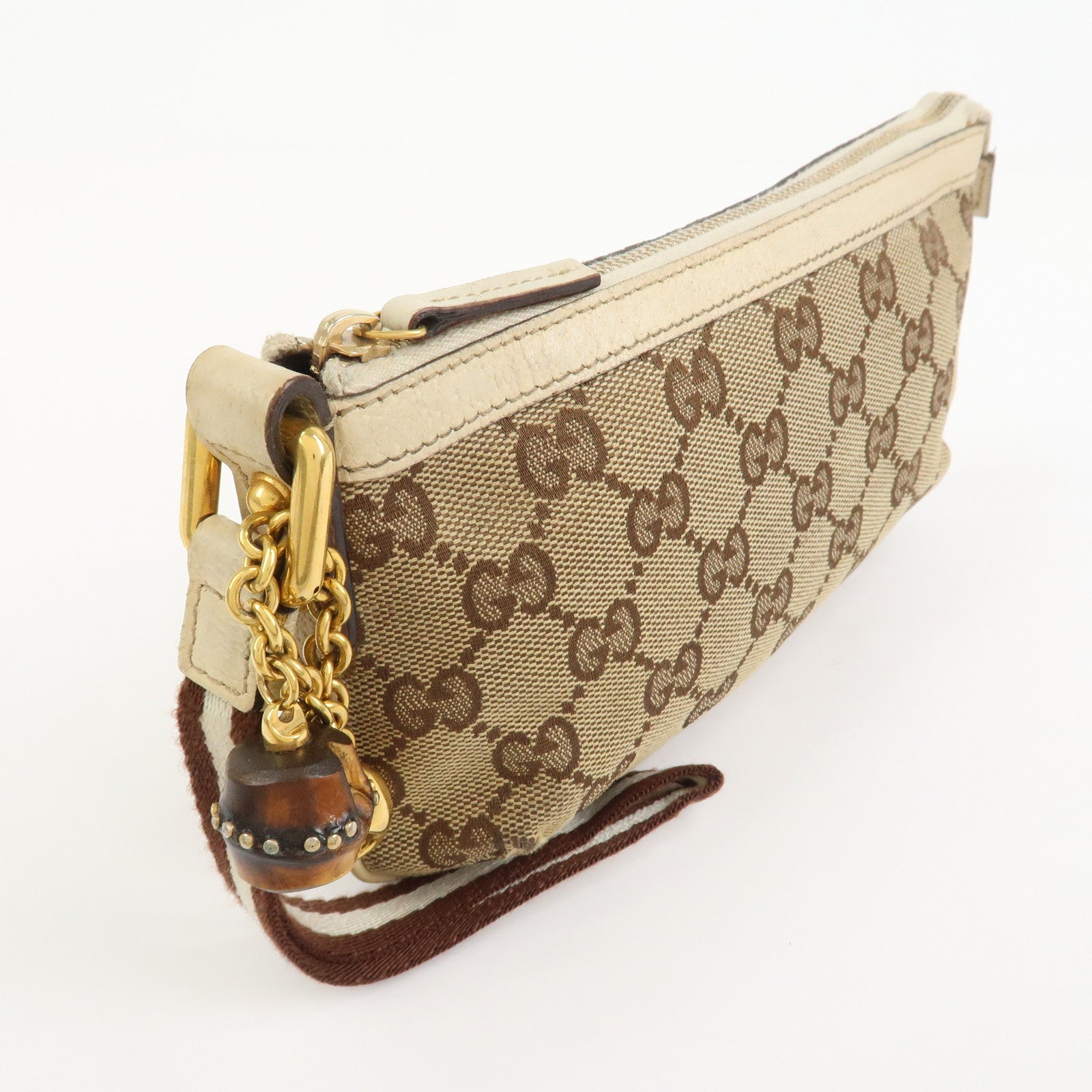 GUCCI Bamboo GG Canvas Leather Cosmetic Pouch Clutch Beige 159913
