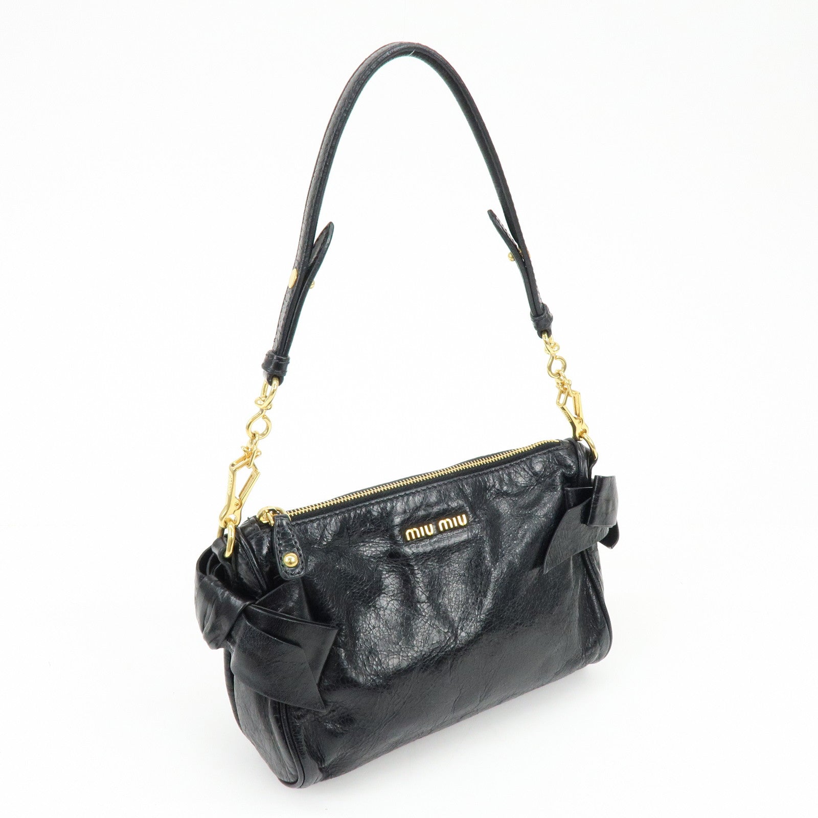 MIU MIU Leather Side Ribbon Mini Shoulder Bag Hand Bag Black 5N1557