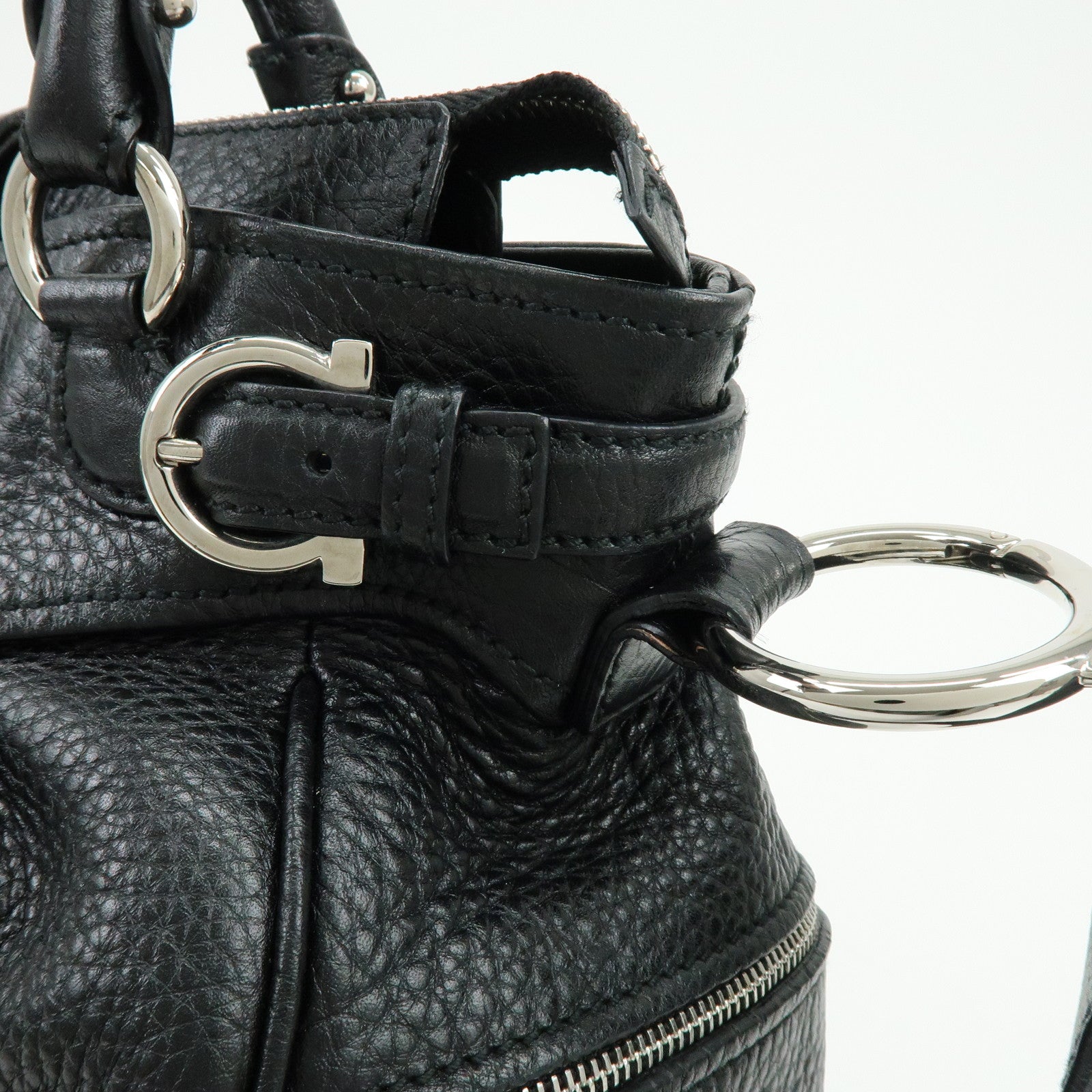 Ferragamo Gancini Leather 2Way Bag Hand Bag Shoulder Bag Black