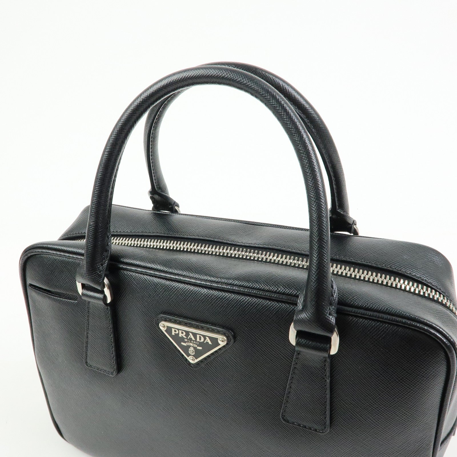 PRADA Triangle Logo Saffiano Leather Hand Bag Boston Bag Black