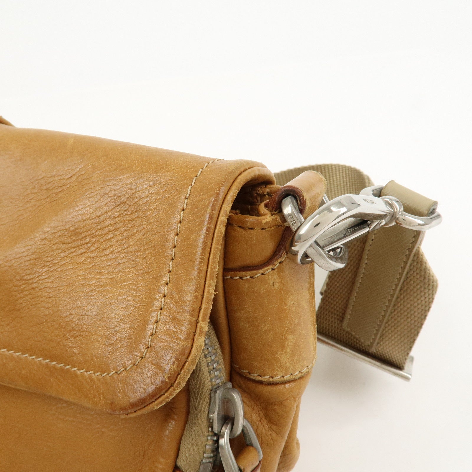PRADA Triangle Logo Leather Front Pocket Shoulder Bag Brown BR2417