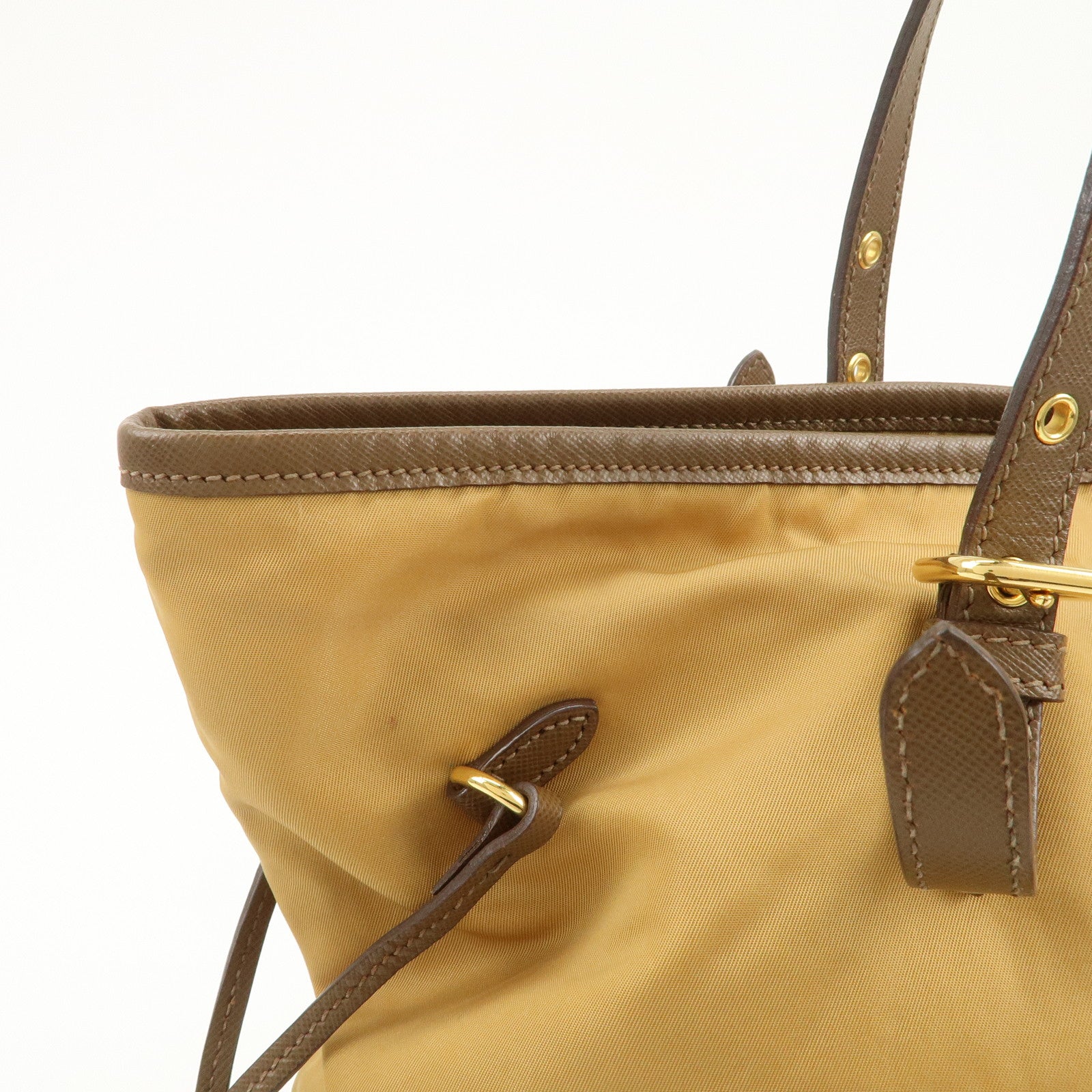 PRADA Logo Nylon Saffiano Leather Tote Bag Shoulder Bag Light Brown