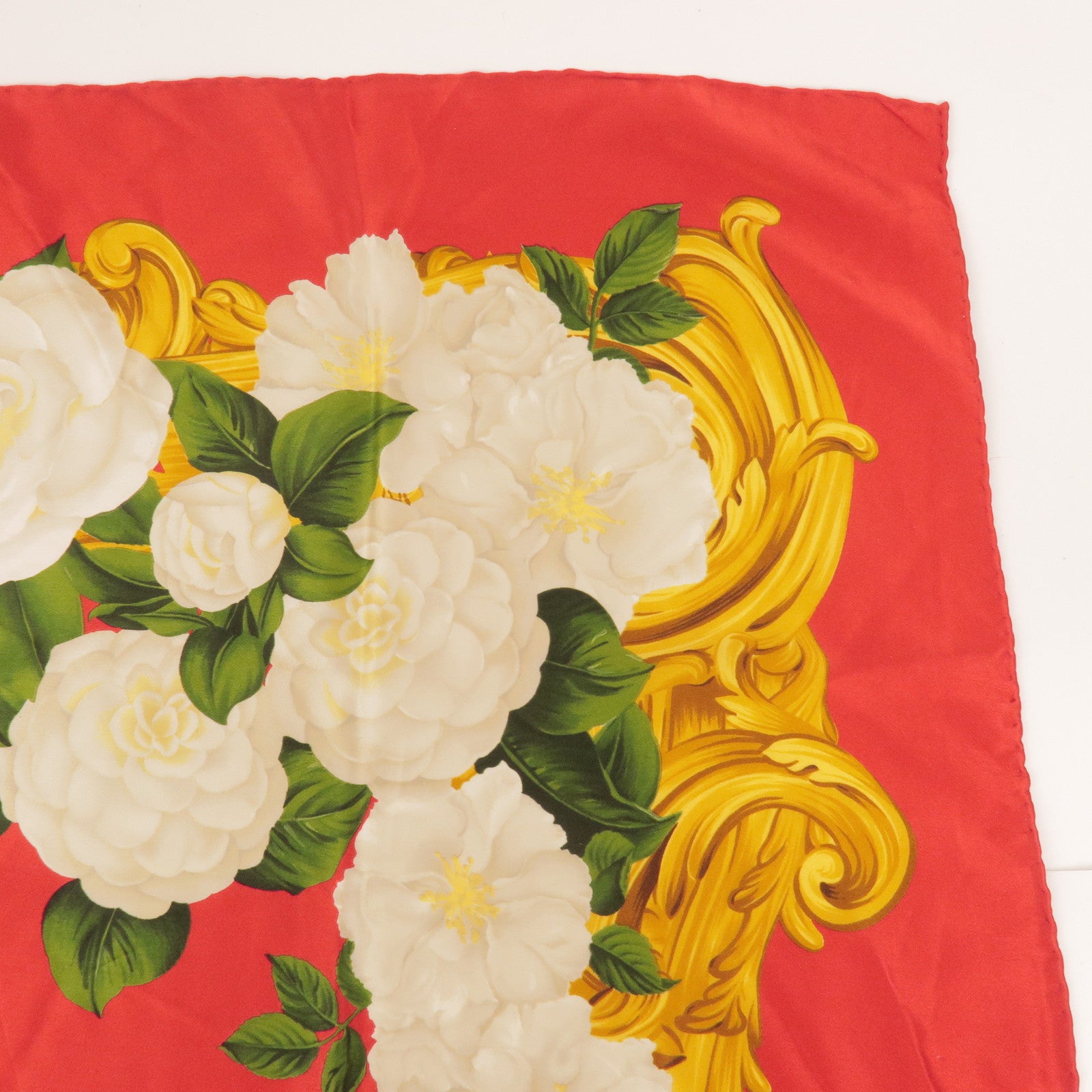 CHANEL Silk 100% Scarf Rose Print Floral Pattern 93x93 Red Gold