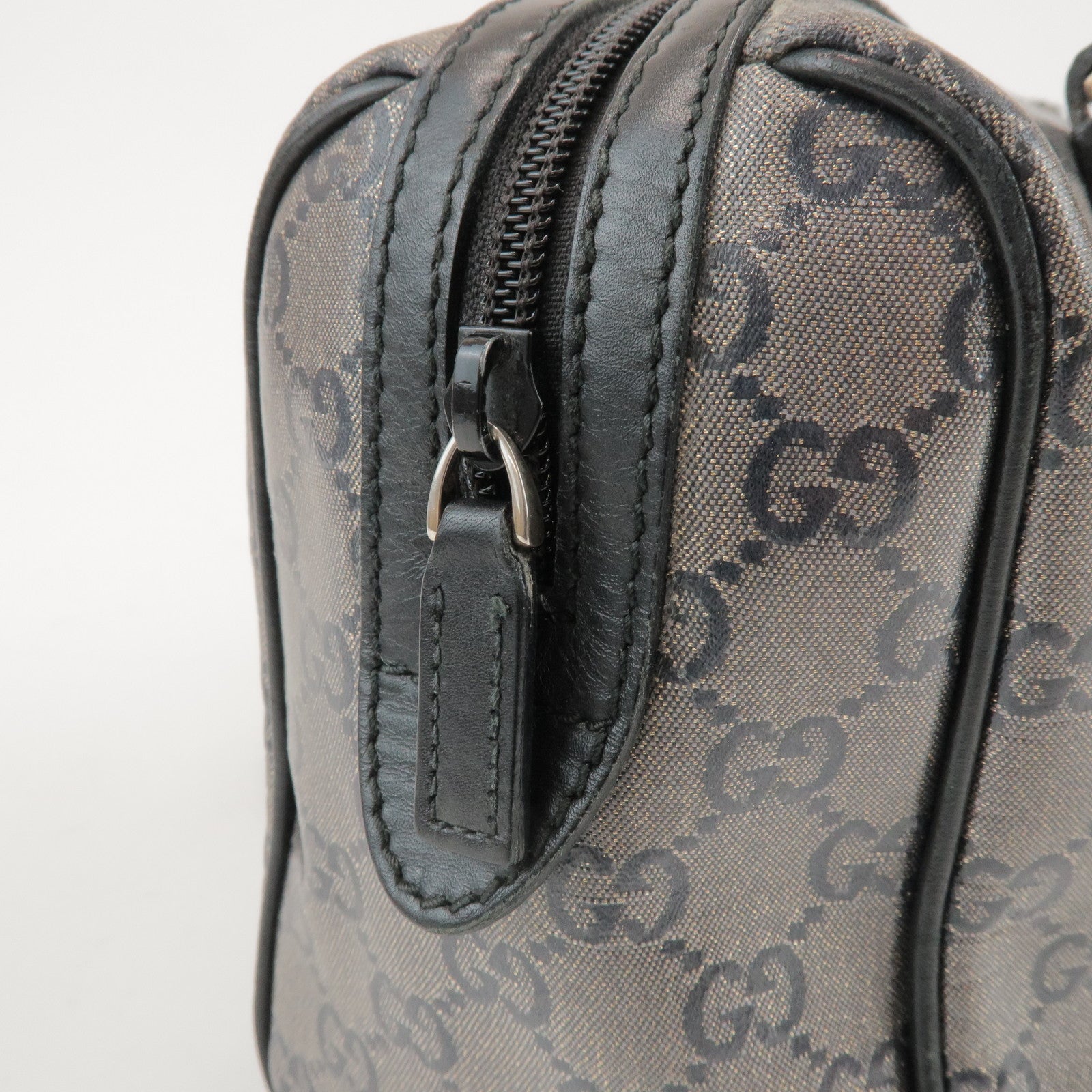 GUCCI GG Crystal Leather Boston Bag Hand Bag Silver Black 257289