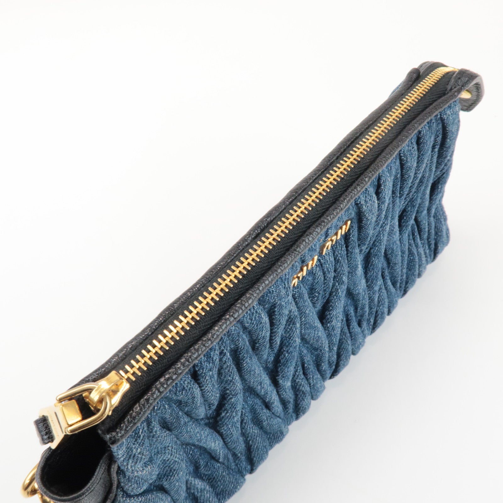 MIU MIU Matelasse Denim Leather Clutch Bag Wrist Bag Blue 5NE001