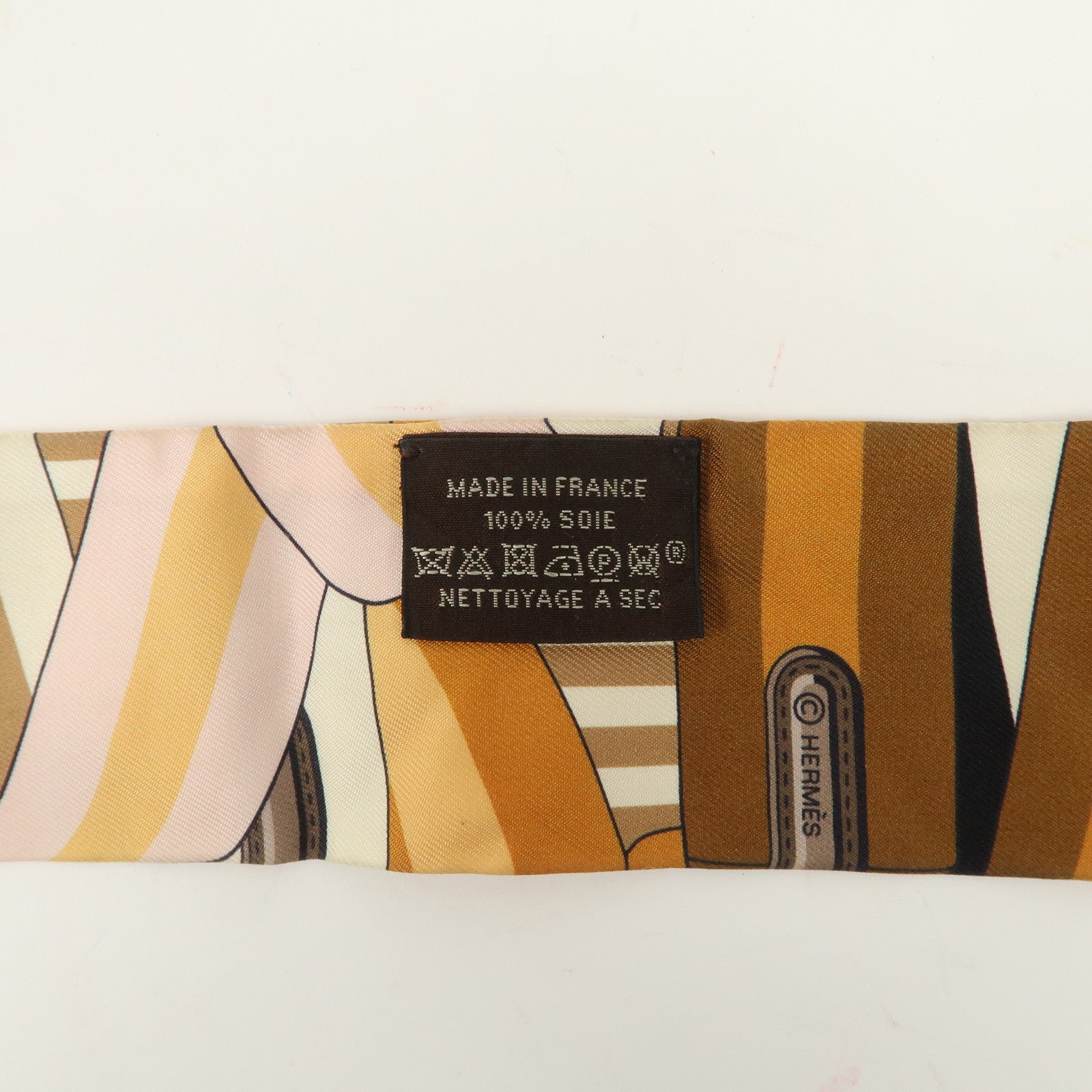 HERMES Twilly Silk 100% Scarf LES SANGLES Brown Black Peach