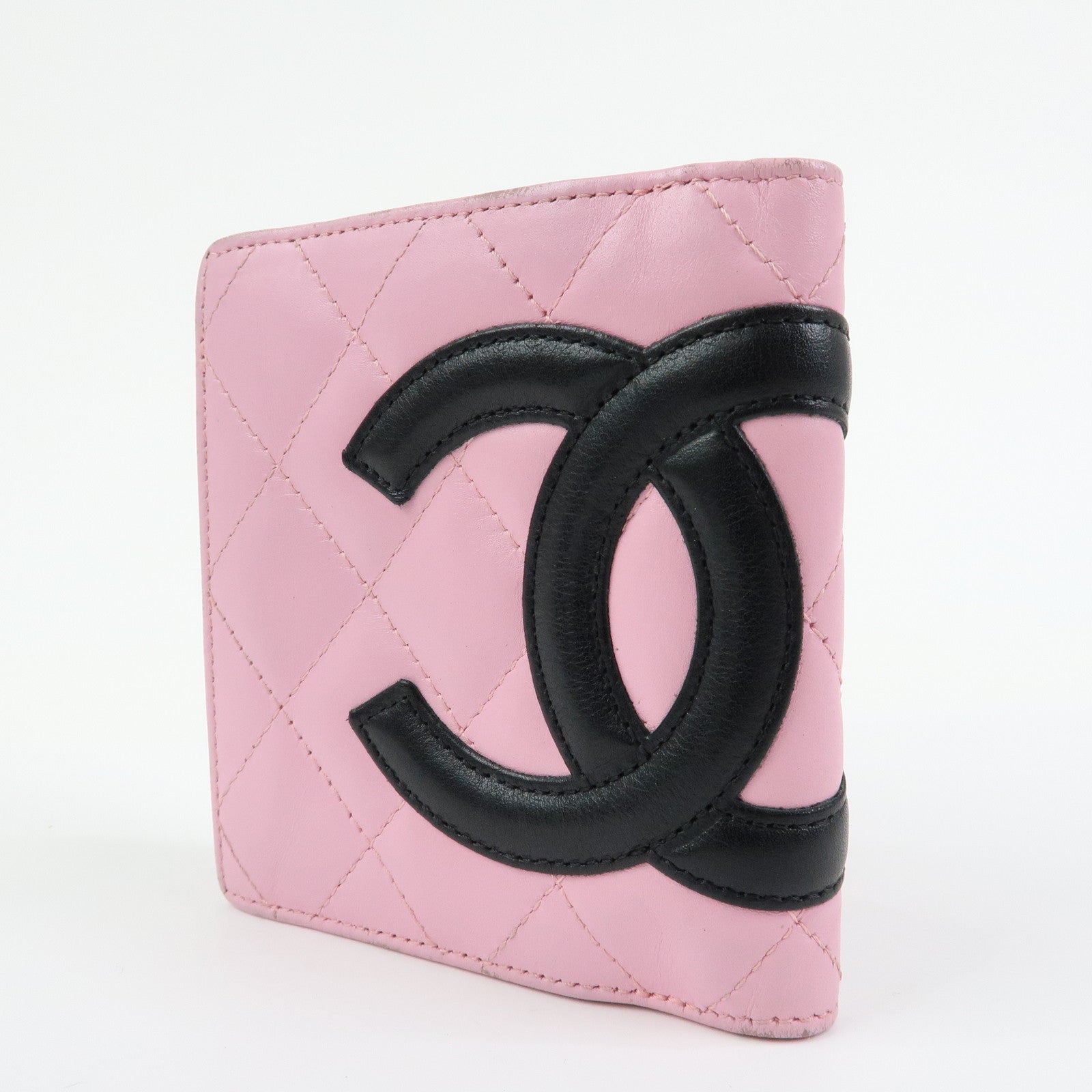 CHANEL Cambon Line Matelasse Lamb Skin Bi-fold Compact Wallet Pink