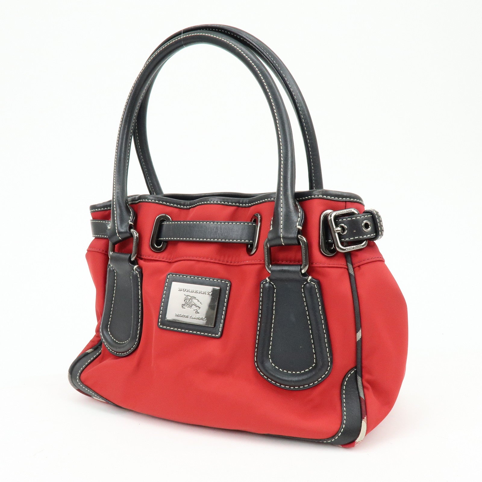BURBERRY Blue Label Nova Plaid Nylon Leather Tote Bag Red Black