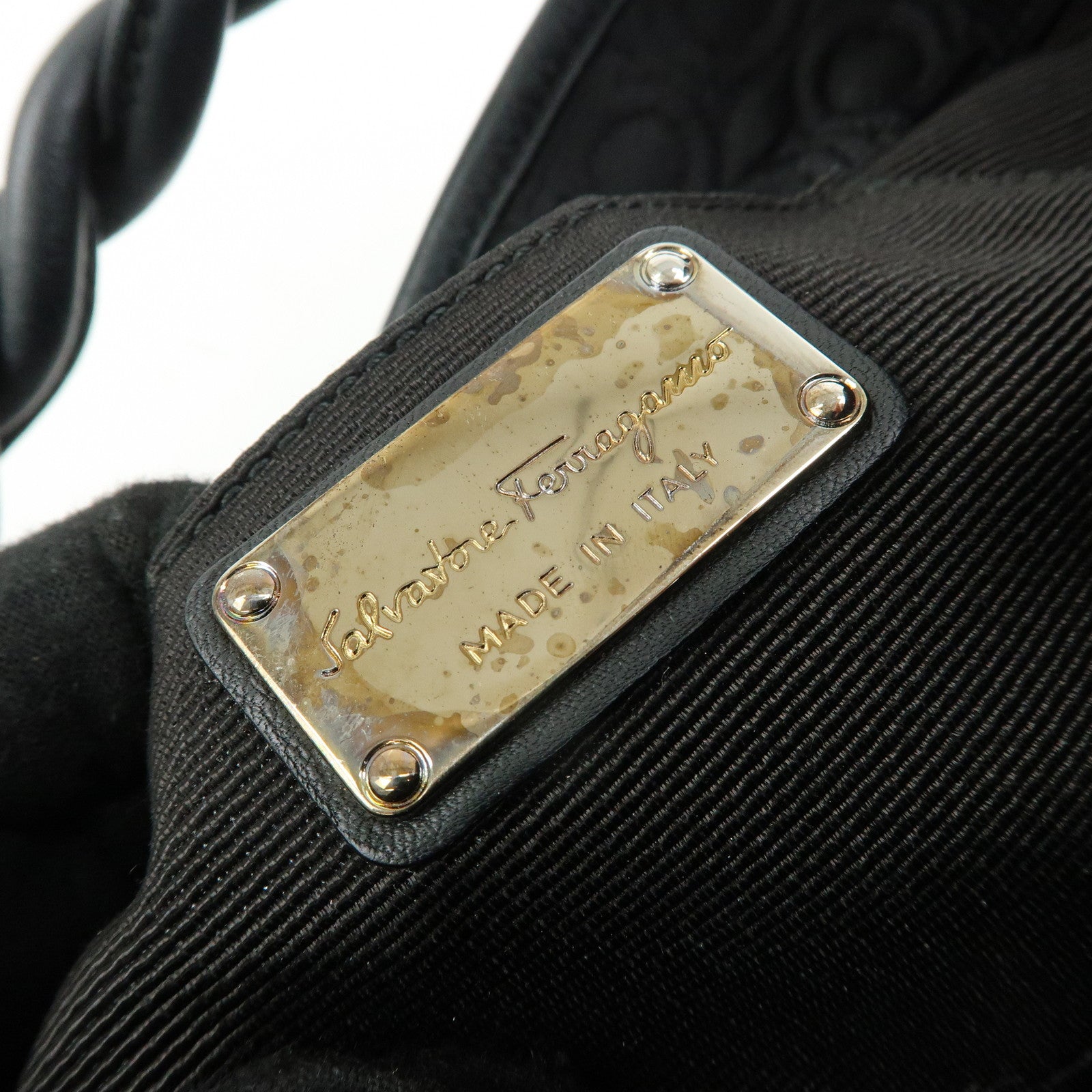 Ferragamo Gancini Canvas Leather Mini Hand Bag Black