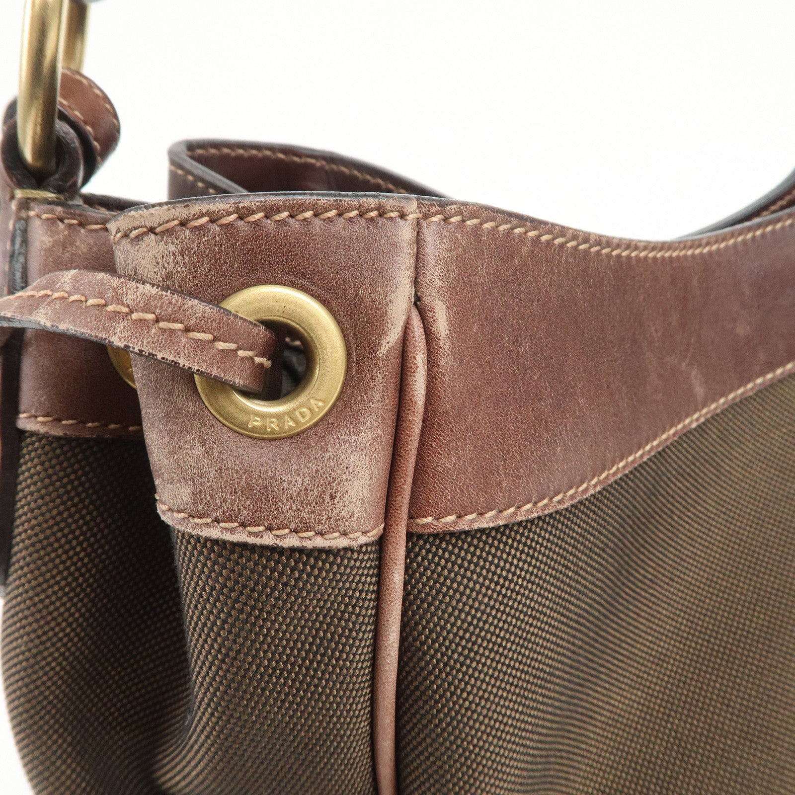 PRADA Triangle Logo Canvas Leather Shoulder Bag Hand Bag Brown