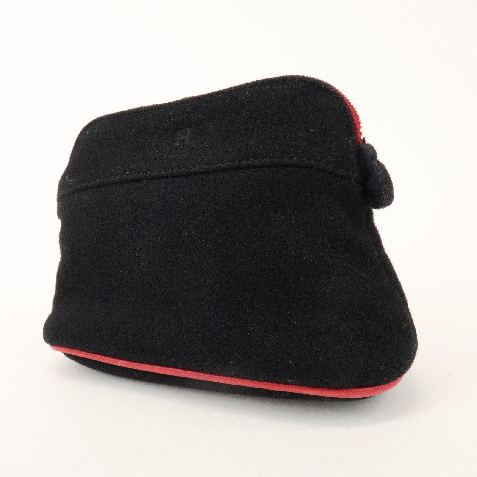 HERMES Bolide Pouch MM Wool Leather Cosmetic Pouch Black Red
