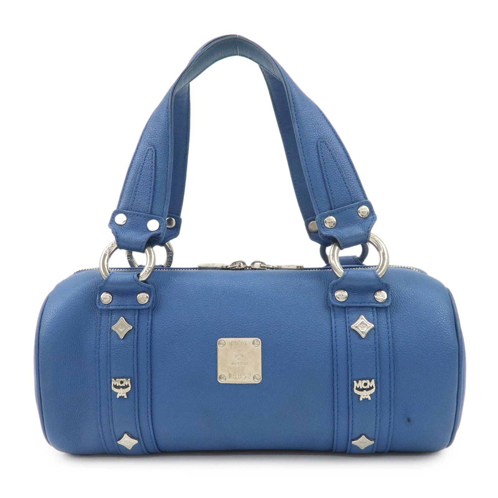 MCM Logo Leather Hand Bag Silver Studs Blue