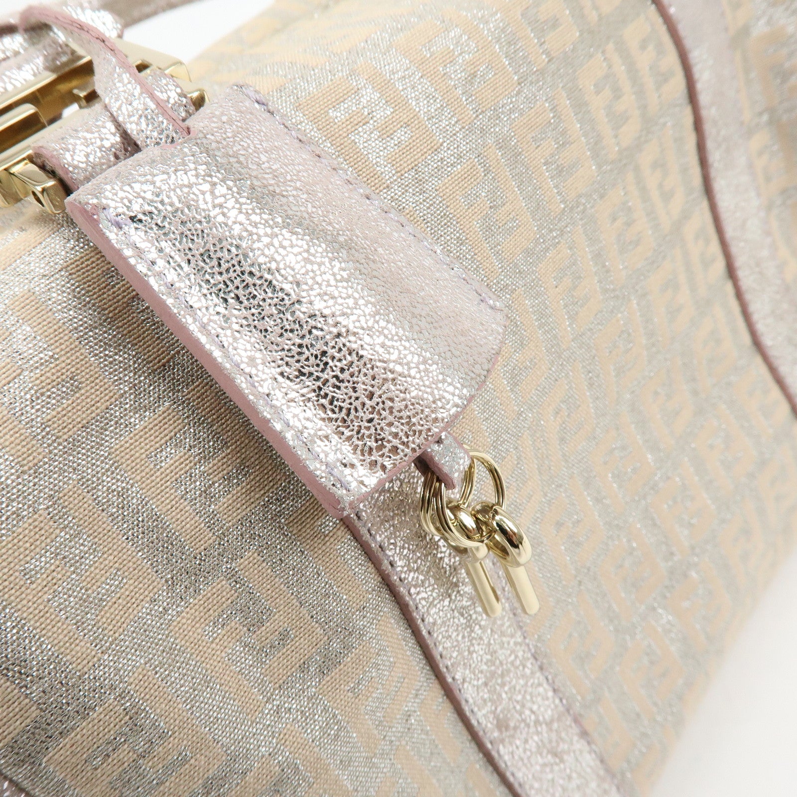 FENDI Zucchino Canvas Leather Mini Boston Bag Silver Beige 8BL068