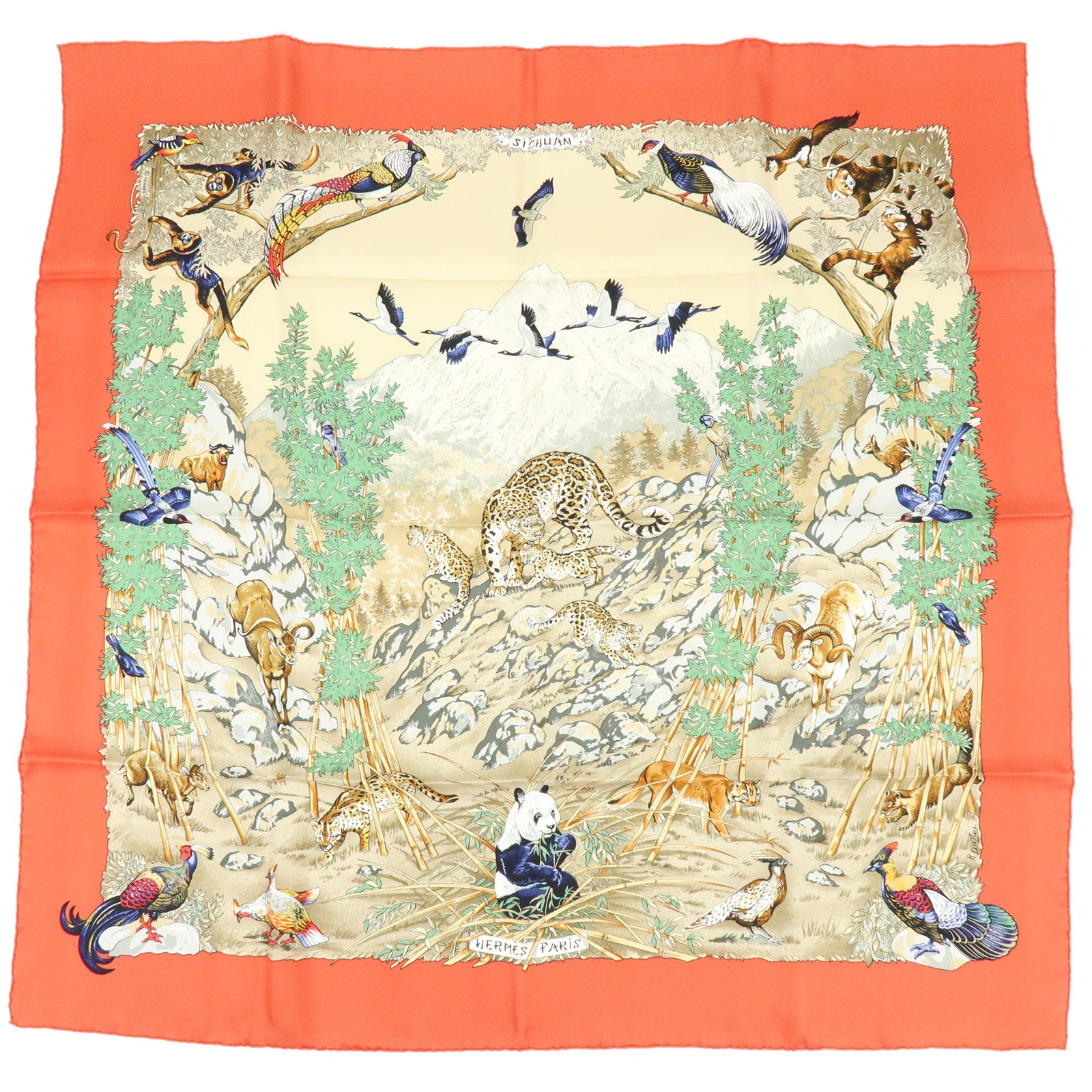 HERMES Carre 90 Silk 100% Scarf Sichuan Province Orange Beige