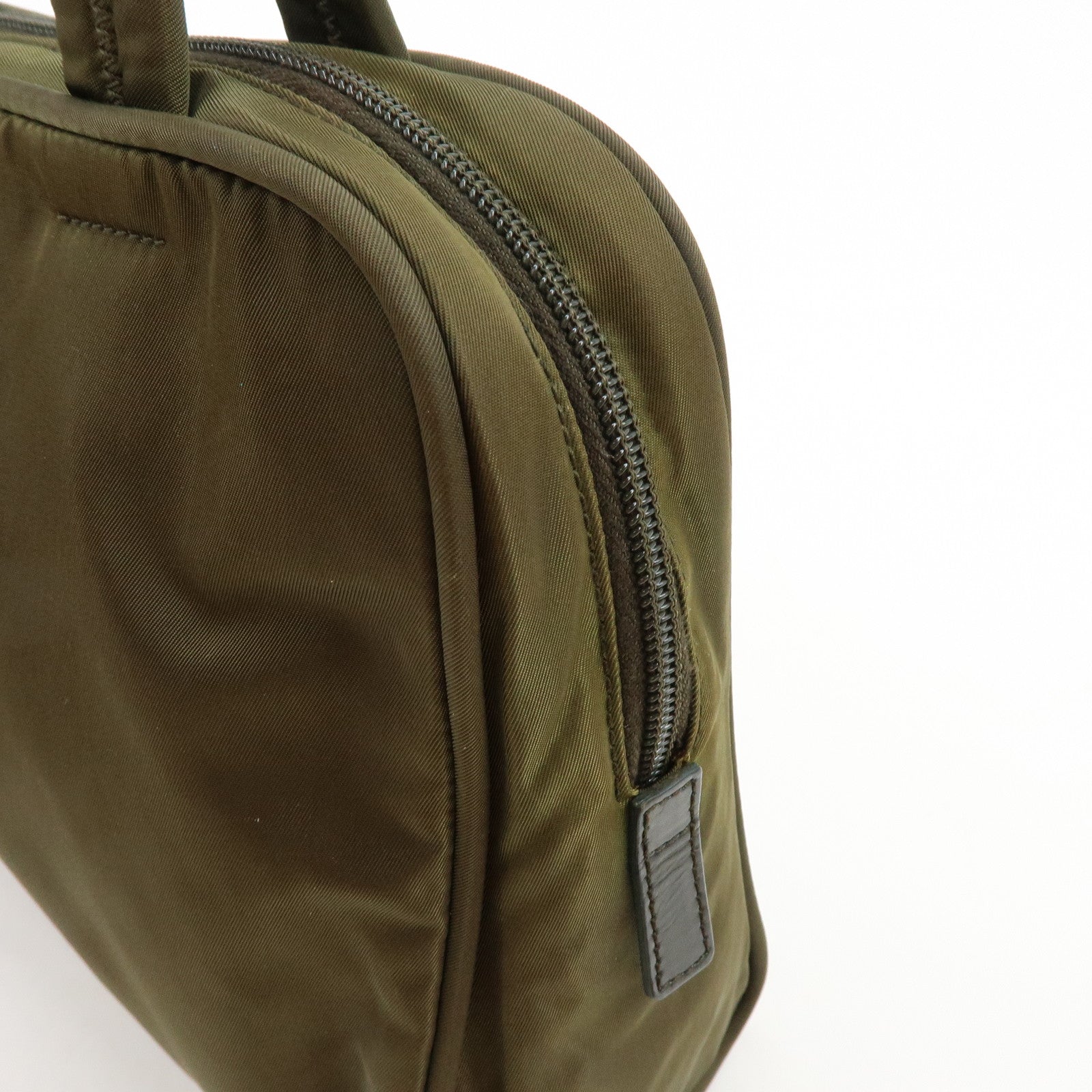 PRADA Triangle Logo Nylon Leather Hand Bag Boston Bag Khaki