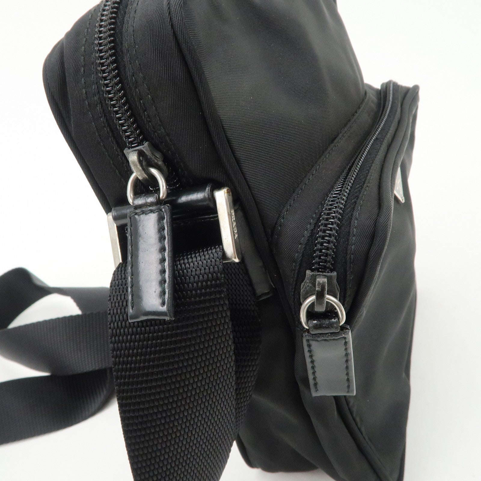 PRADA Triangle Logo Leather Nylon Shoulder Bag Black BT0169