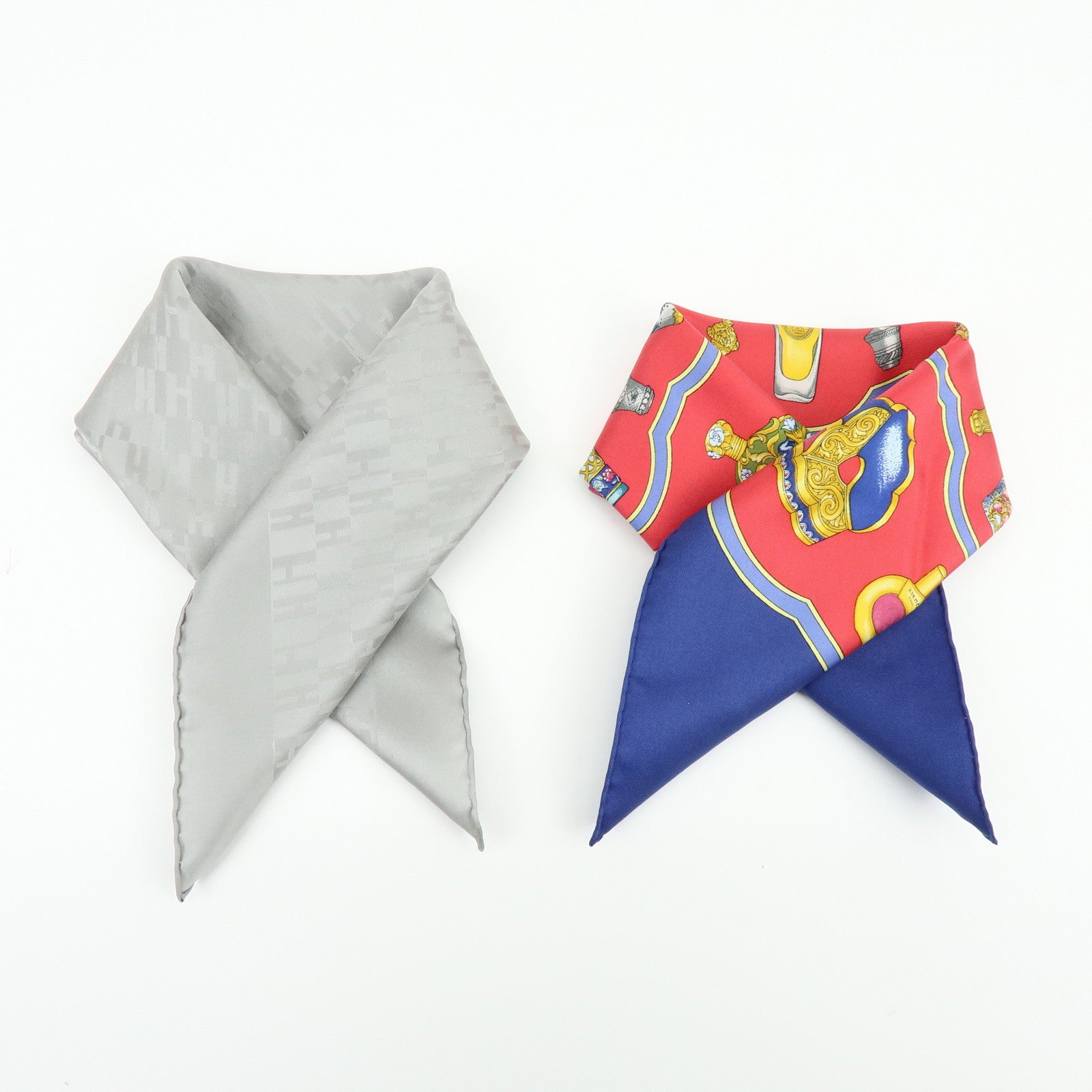 HERMES Carre 45 Set of 2 Silk 100% Scarf Red Navy Gray