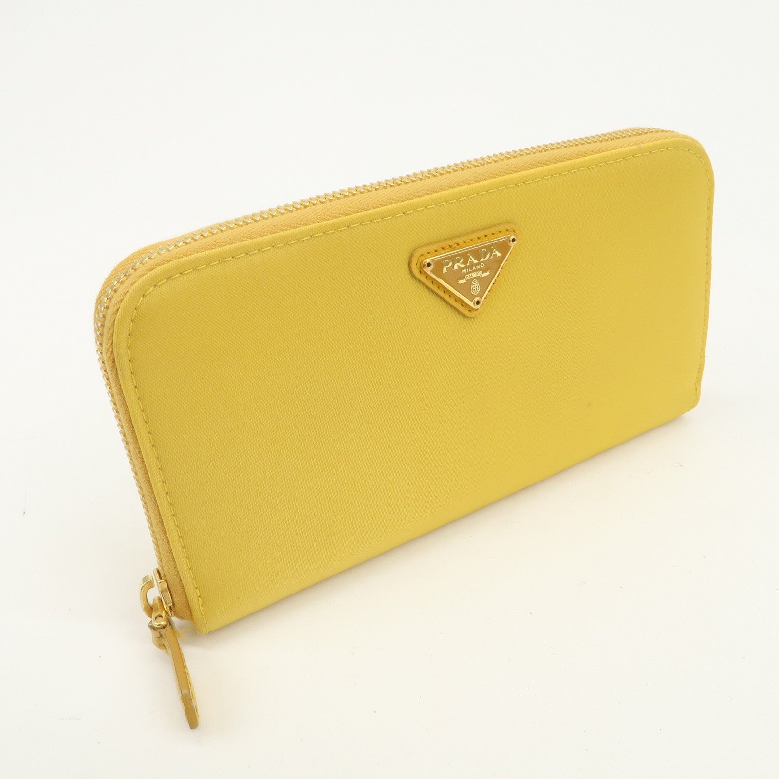 PRADA Triangle Logo Nylon Leather Round Zippy Long Wallet Yellow