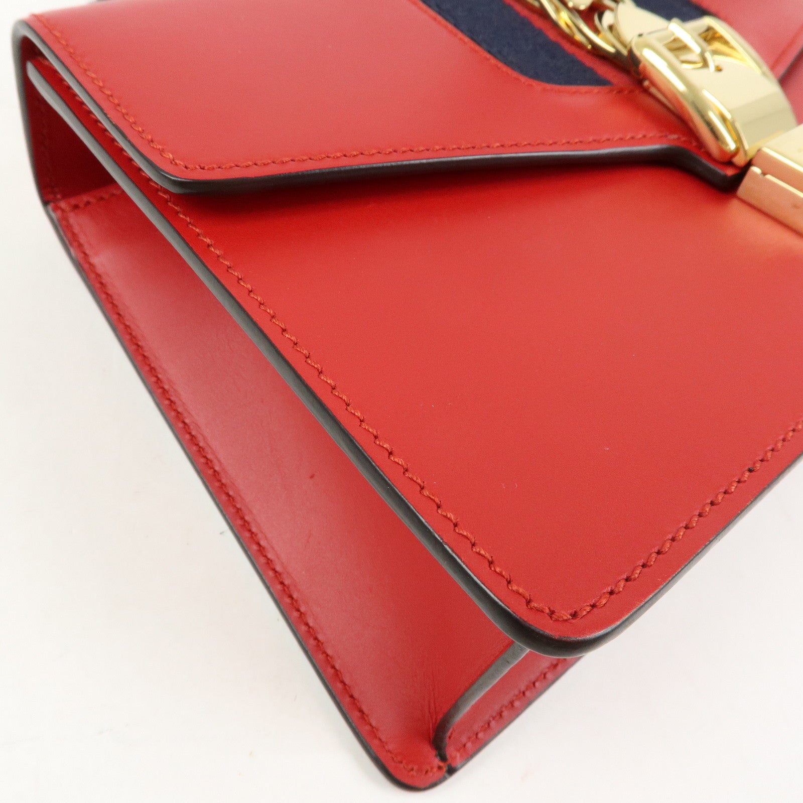 GUCCI Sylvie Sherry Leather Shoulder Bag Ribbon Red Navy 421882