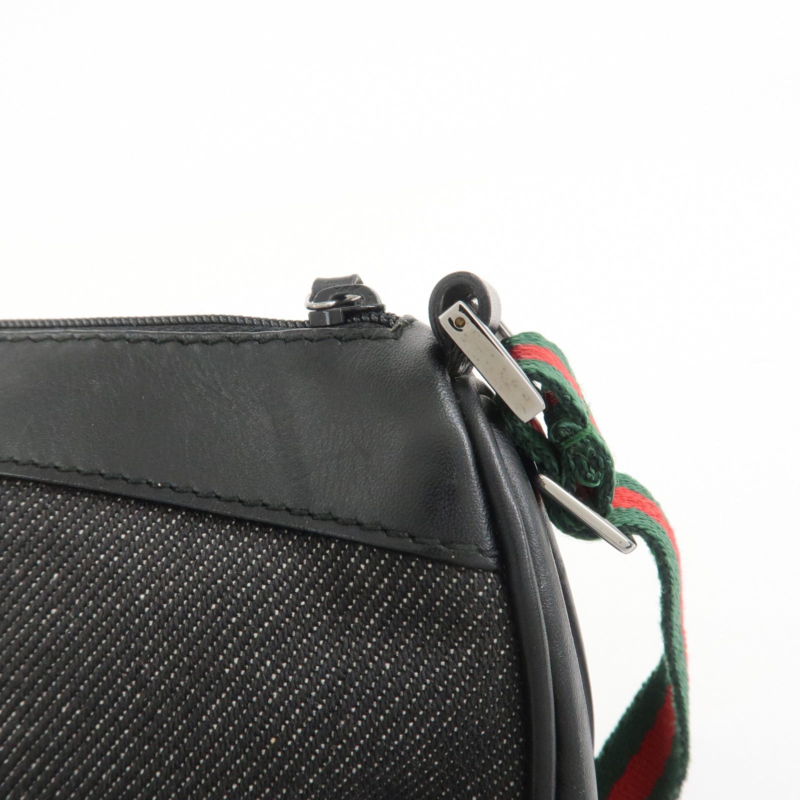 GUCCI Sherry Denim Leather Accessory Pouch Hand Bag Black 92820