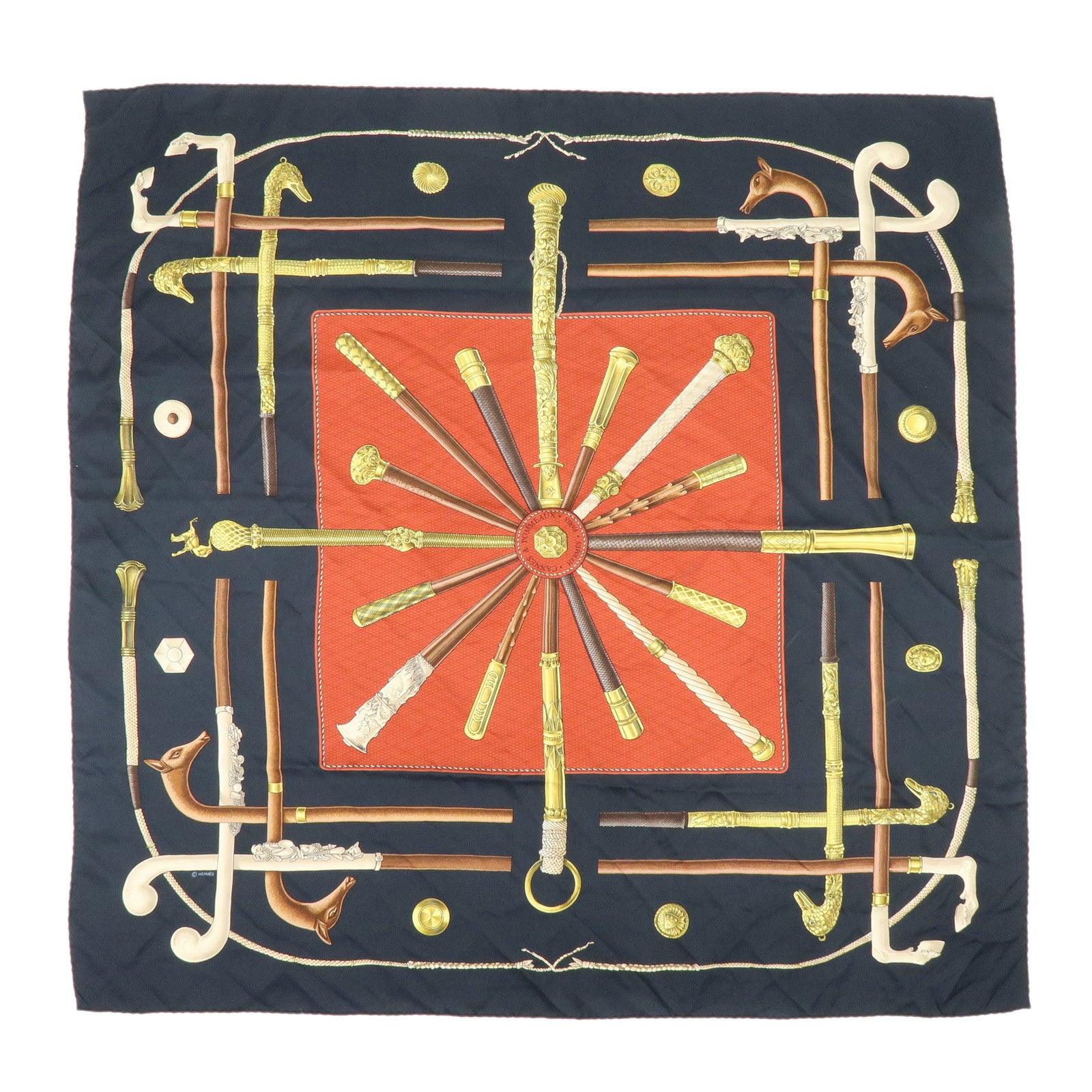 HERMES Carre 90 Silk 100% Scarf CANNES ET POMMEAUX Stick Black
