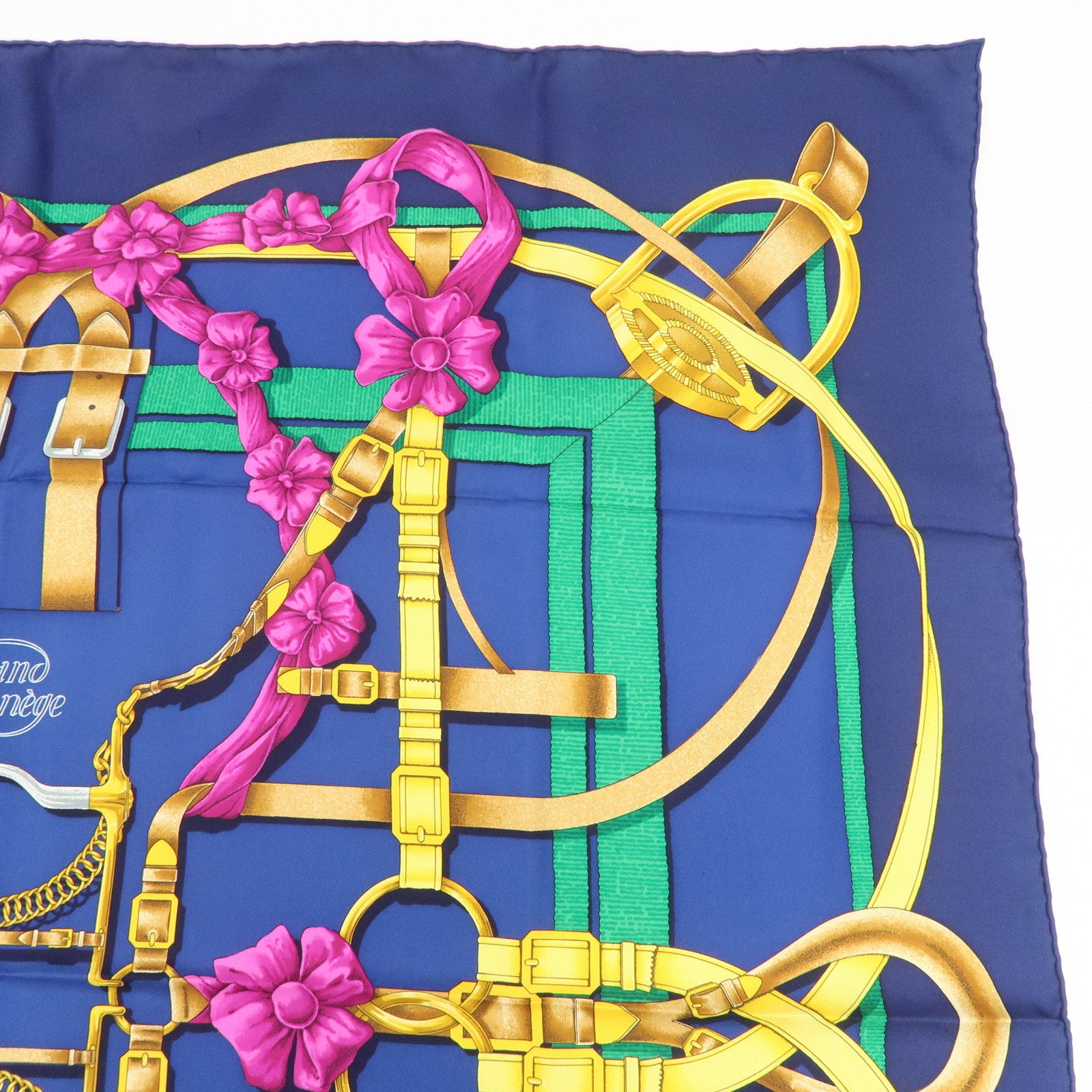HERMES Carre 90 Silk 100% Grand Manege Scarf Navy Gold