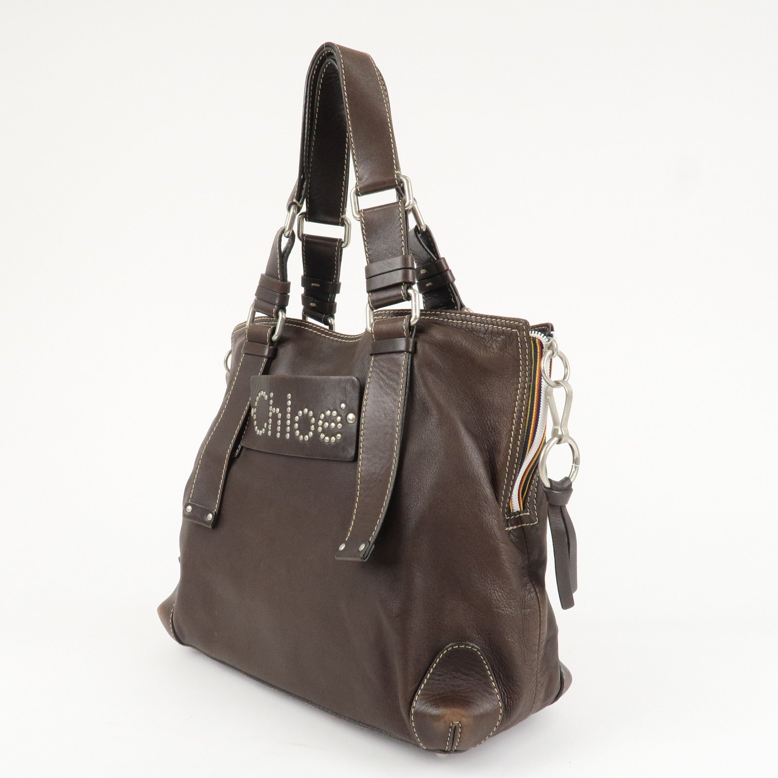 Chloe Patsy Studs Logo Leather Tote Bag Shoulder Bag Brown Used