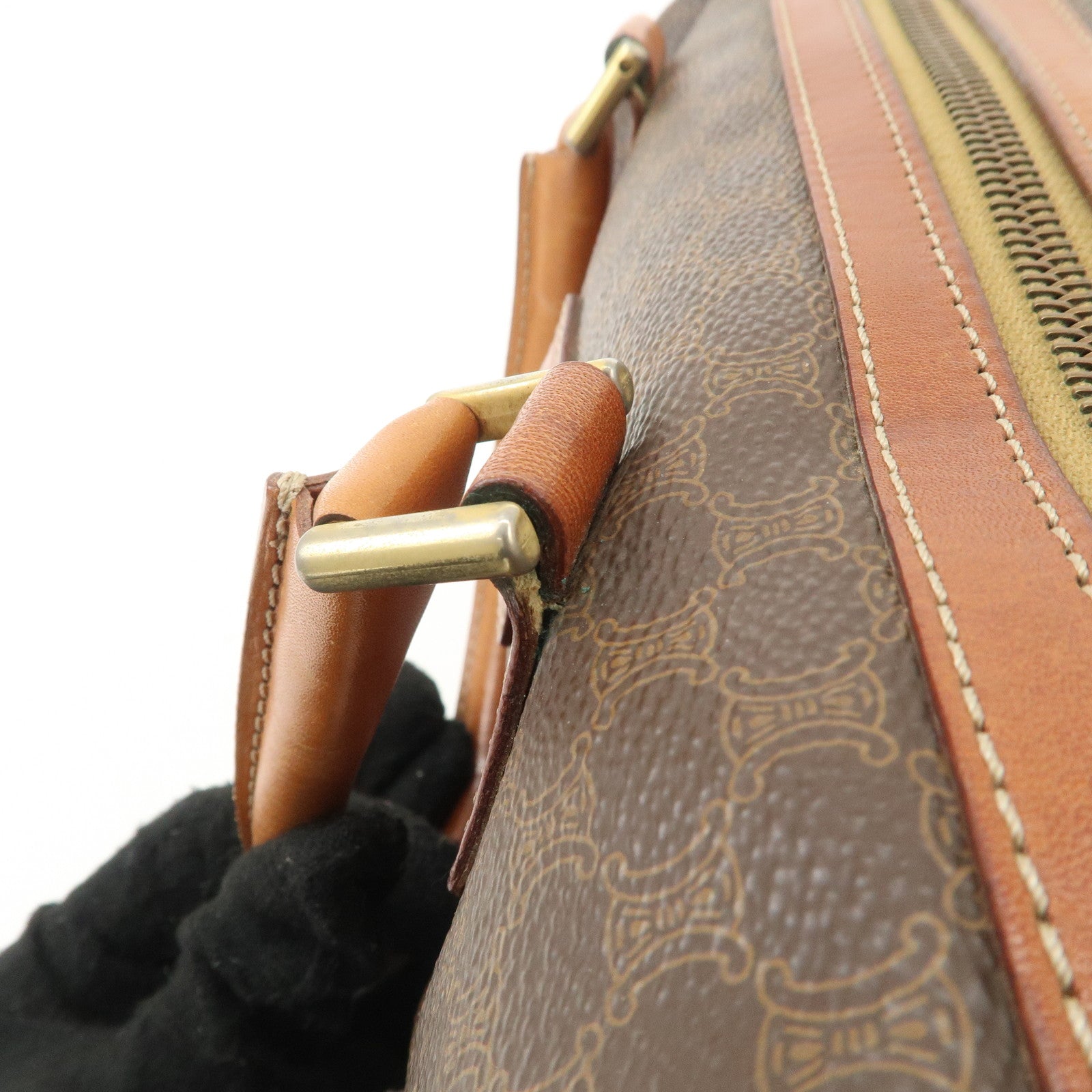 CELINE Macadam Leather PVC Boston Bag Hand Bag Brown Used